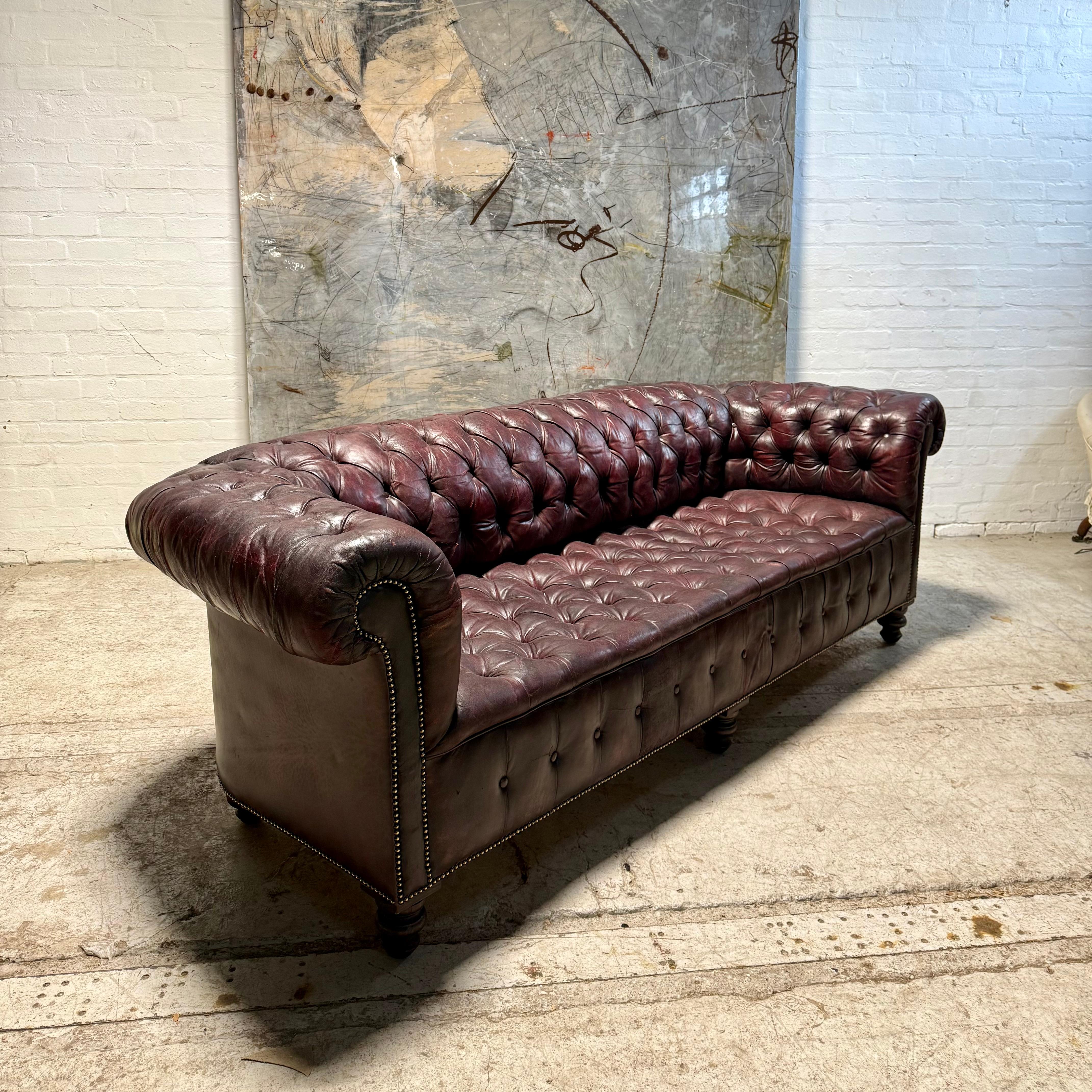 Inizio XX secolo Divano Chesterfield in pelle tinta a mano - circa 1900 - riempito di pelo di cavallo in vendita