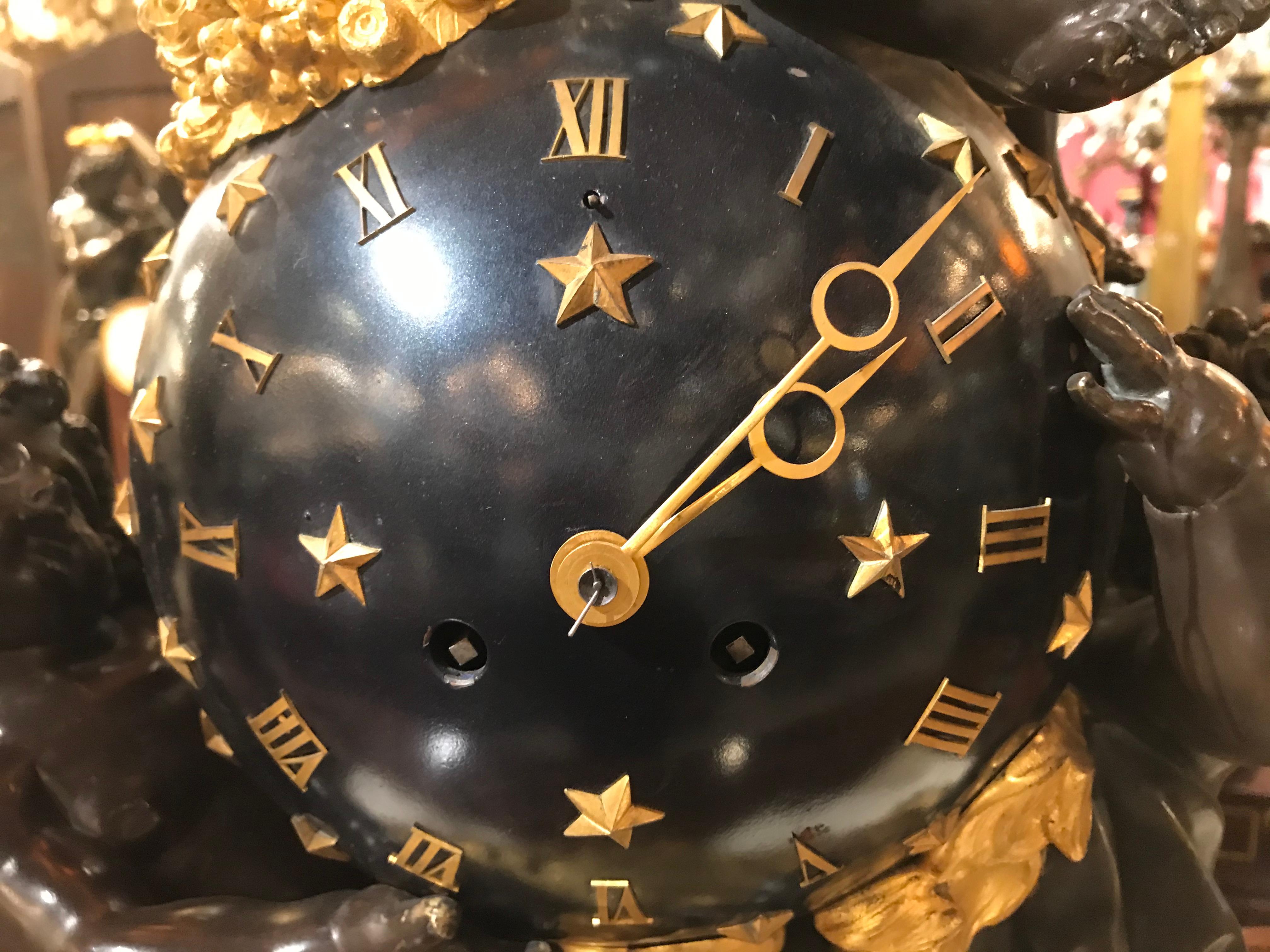 French Very Important Gilt Bronze, Enameled Bronze and Patinated Bronze Clock For Sale