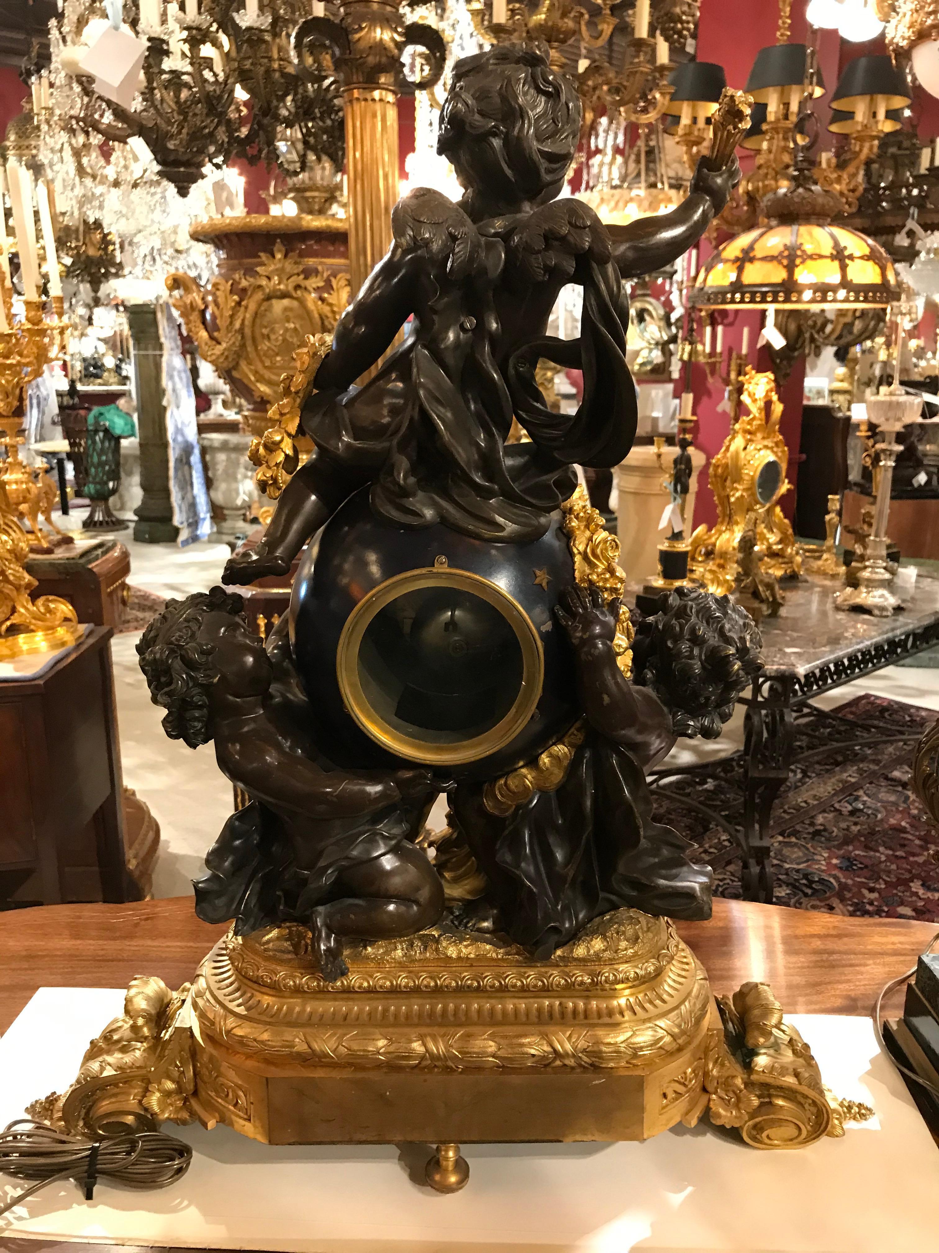 Very Important Gilt Bronze, Enameled Bronze and Patinated Bronze Clock For Sale 4