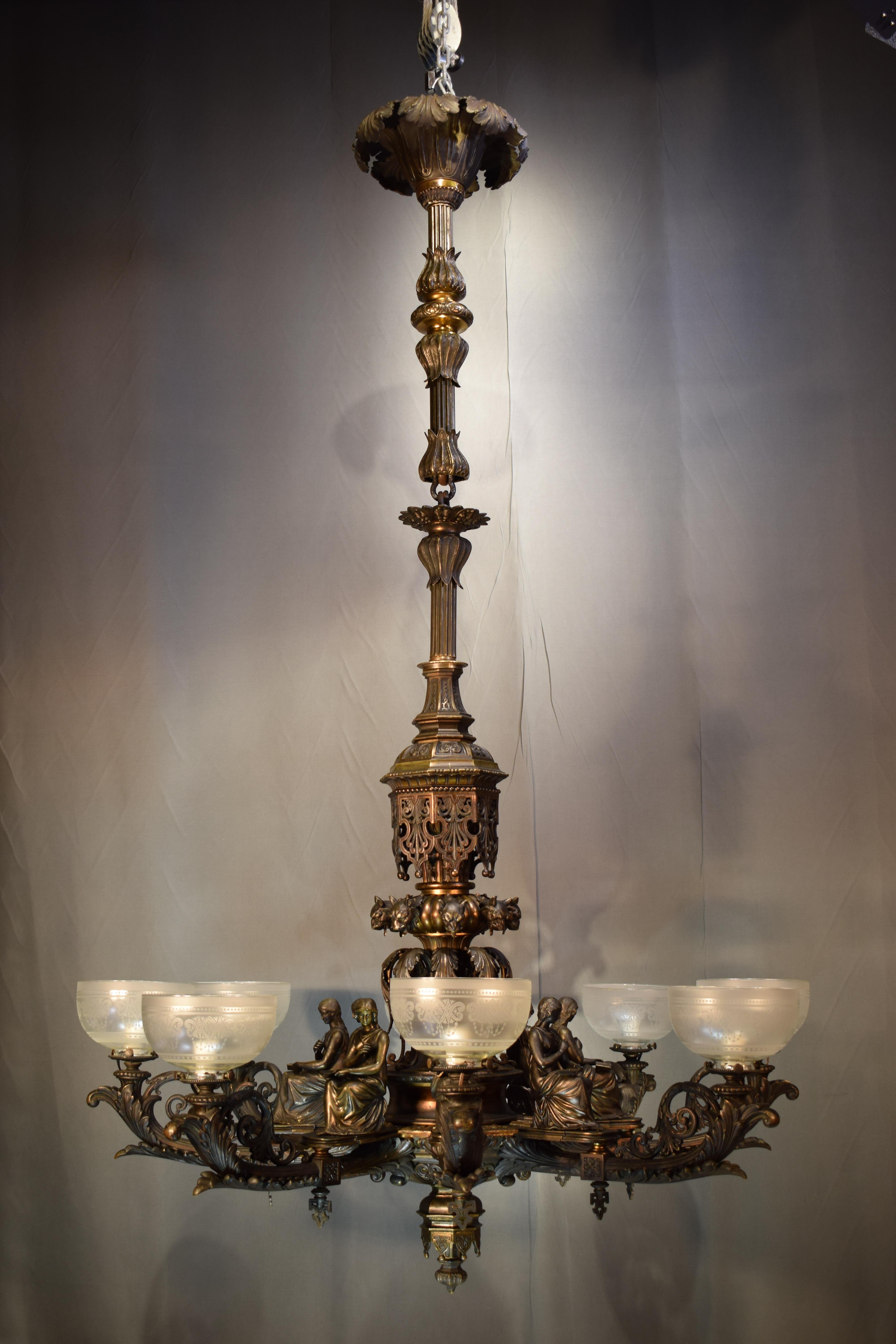 A very important Neo-Gothic gilt bronze Gasolier, featuring eight classical robed maidens, originally made for gas now electrified fitted with eight acid etched gas shades. The chandelier measures 52