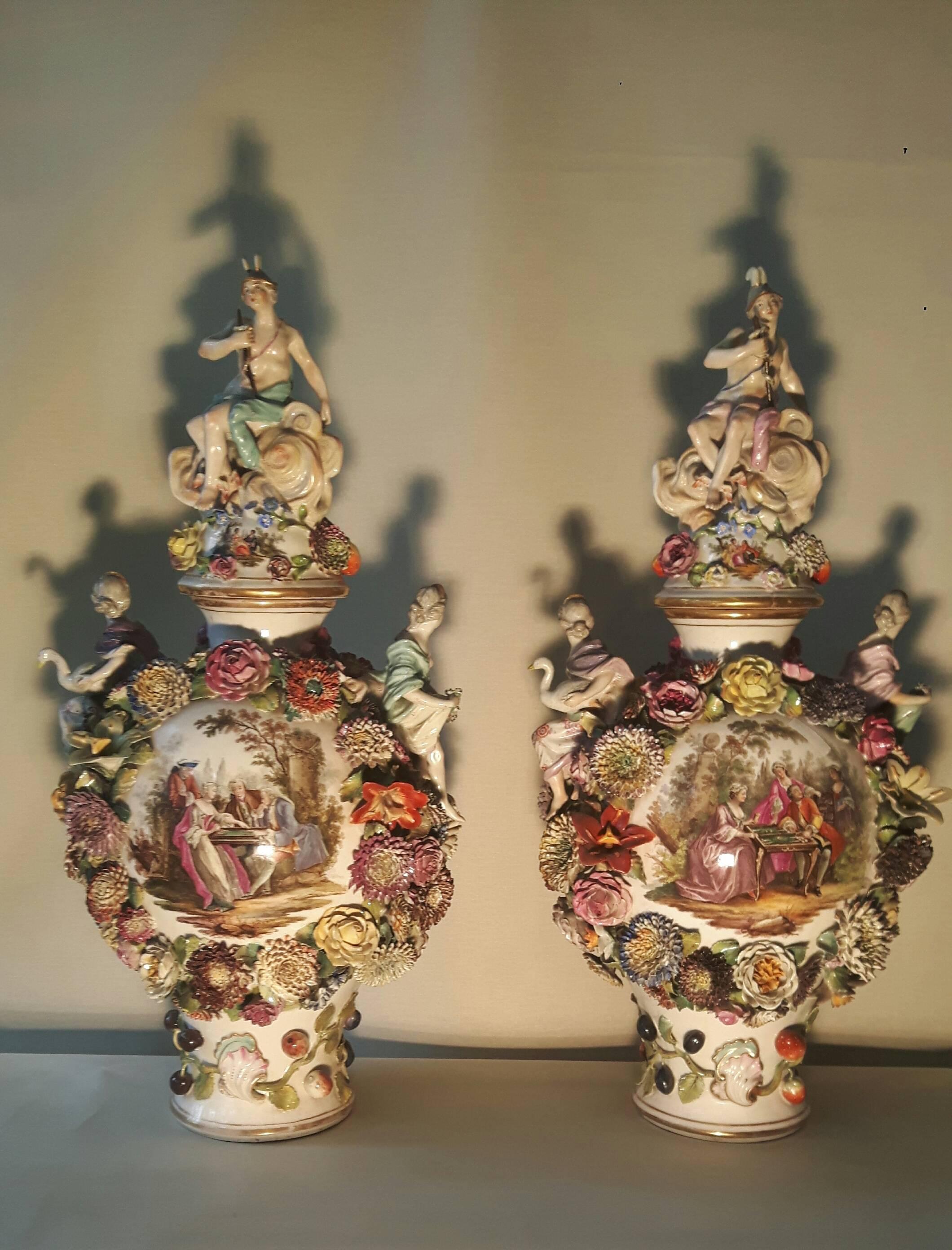 Neoclassical Very Impressive Pair of 19th Century Dresden Vases For Sale