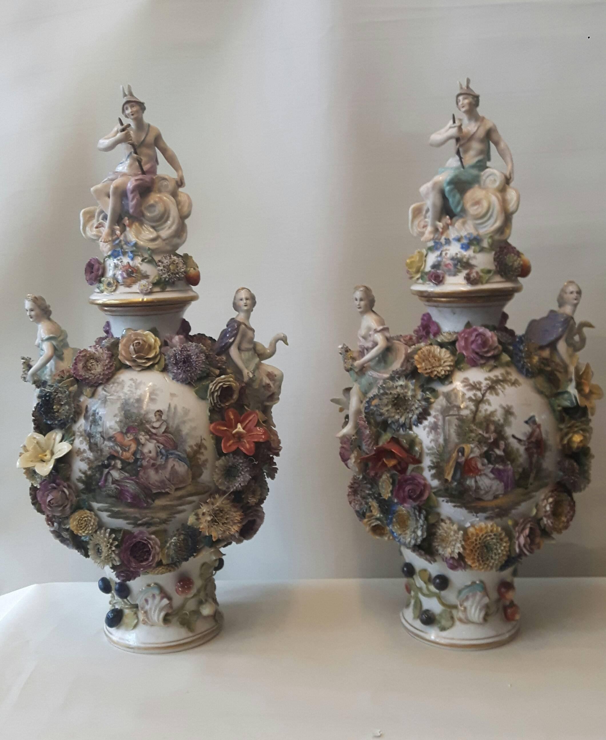 Glazed Very Impressive Pair of 19th Century Dresden Vases For Sale