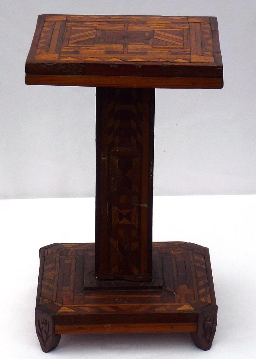Folk Art Very Intricate Small Marquetry Pedestal Stand, Each Side Is Done Differently
