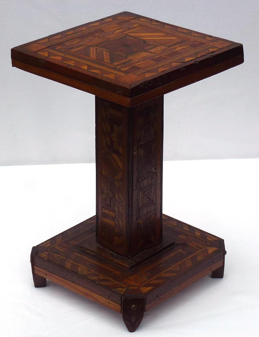 Hand-Carved Very Intricate Small Marquetry Pedestal Stand, Each Side Is Done Differently