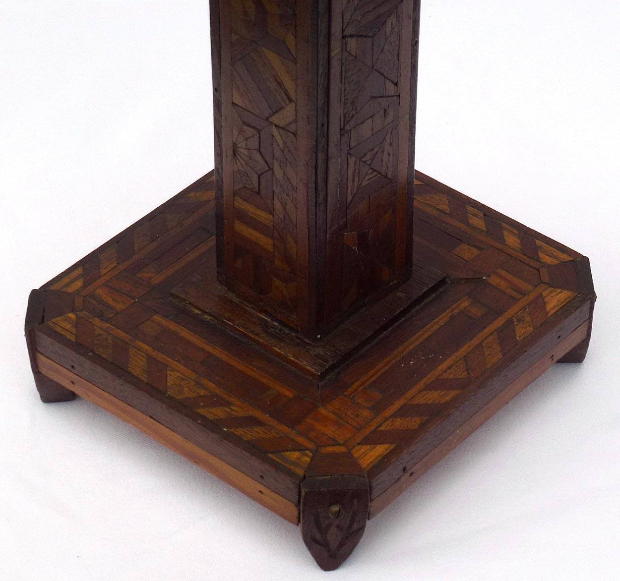 Wood Very Intricate Small Marquetry Pedestal Stand, Each Side Is Done Differently