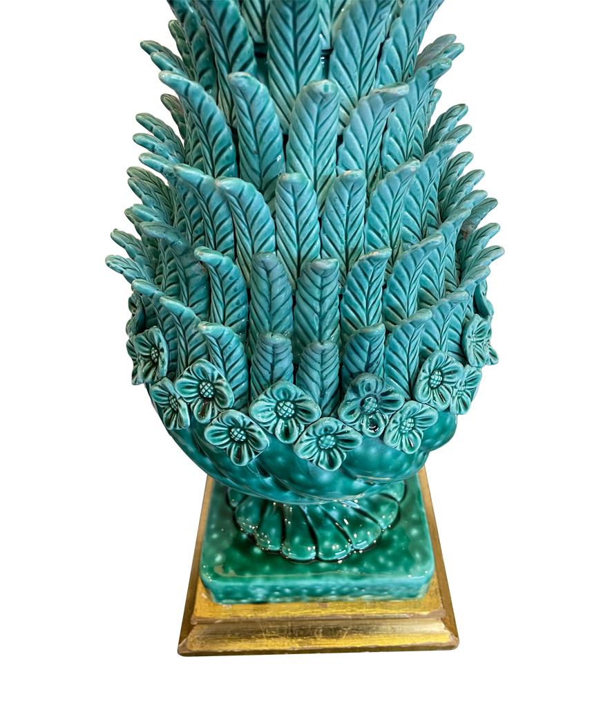 Brass Very Large 1950s Turquoise Ceramic Lamp by Ceramicas Bondia, Manises, Spain