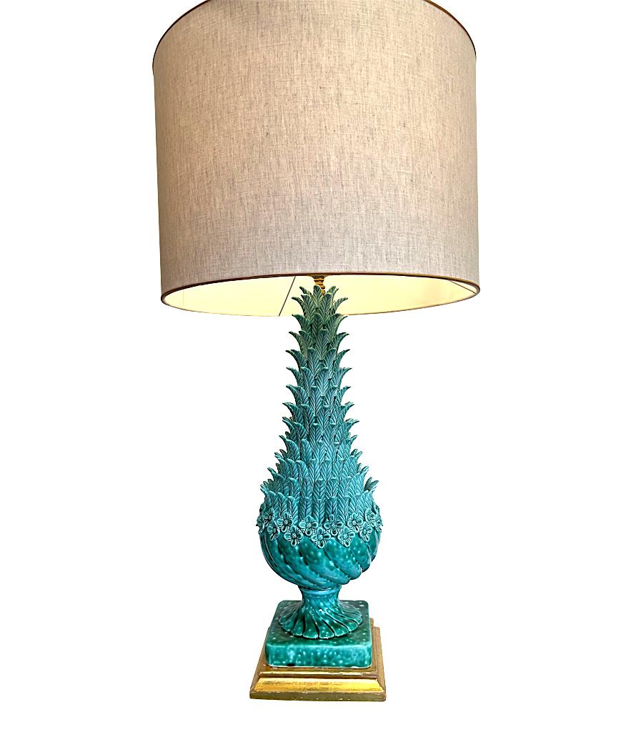 Very Large 1950s Turquoise Ceramic Lamp by Ceramicas Bondia, Manises, Spain 1