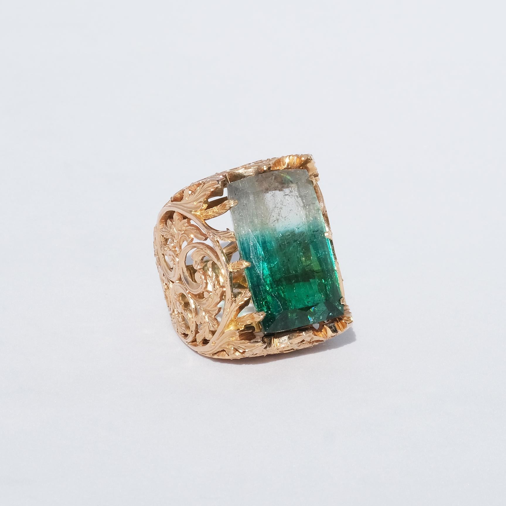 Square Cut Very Large and Amazingly Designed 18k Gold Ring with a Cut Tourmaline For Sale