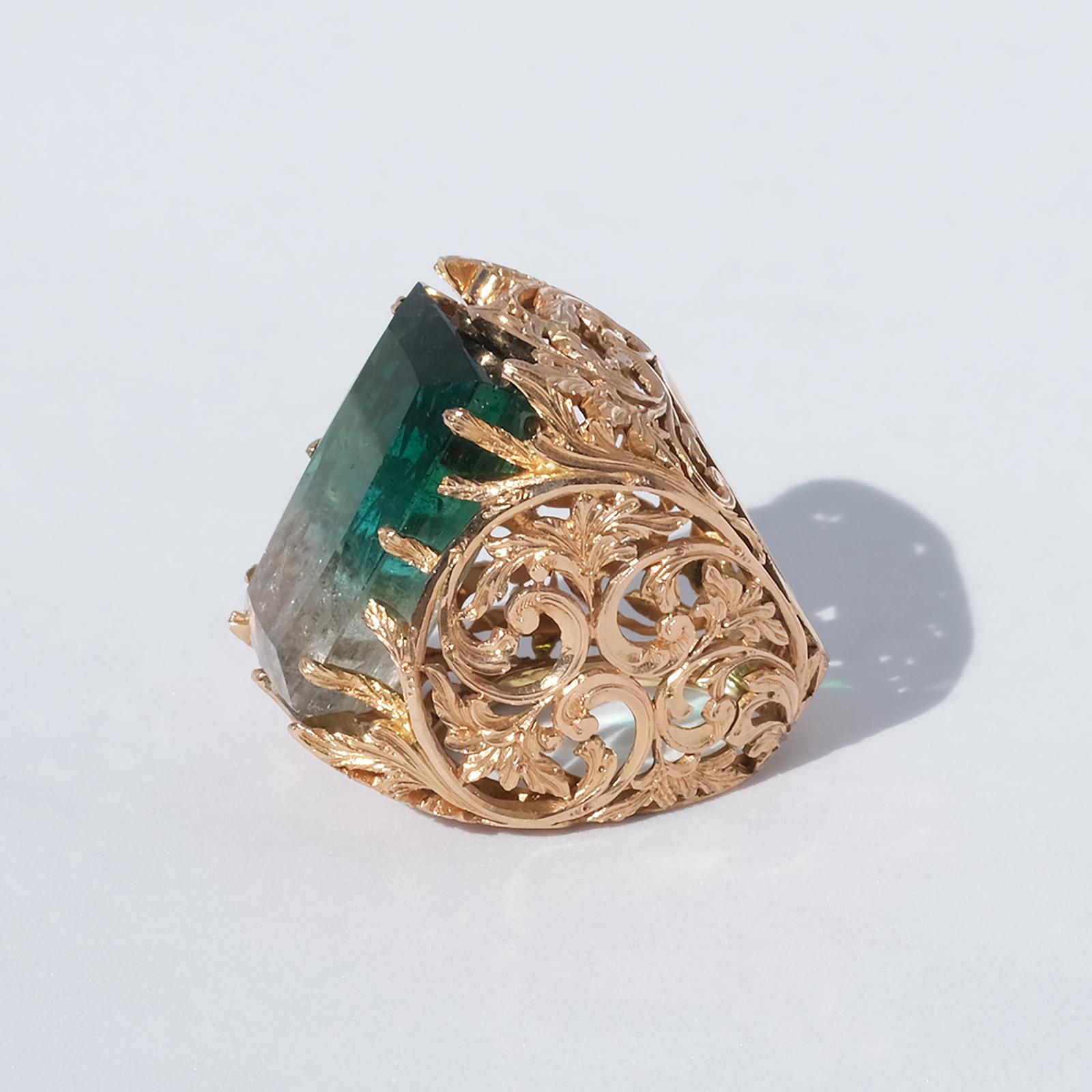 Women's Very Large and Amazingly Designed 18k Gold Ring with a Cut Tourmaline For Sale