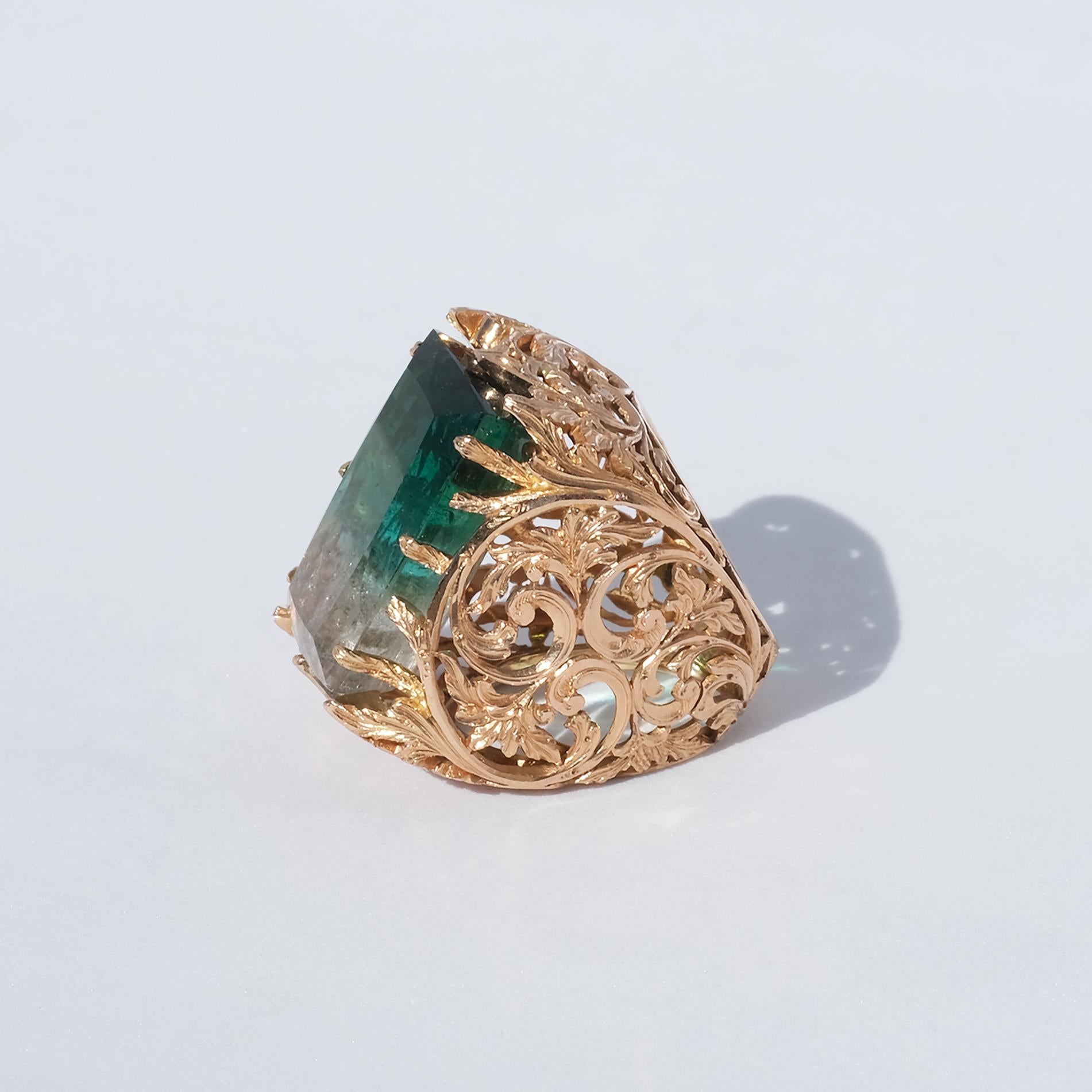 Very Large and Amazingly Designed 18k Gold Ring with a Cut Tourmaline For Sale 1