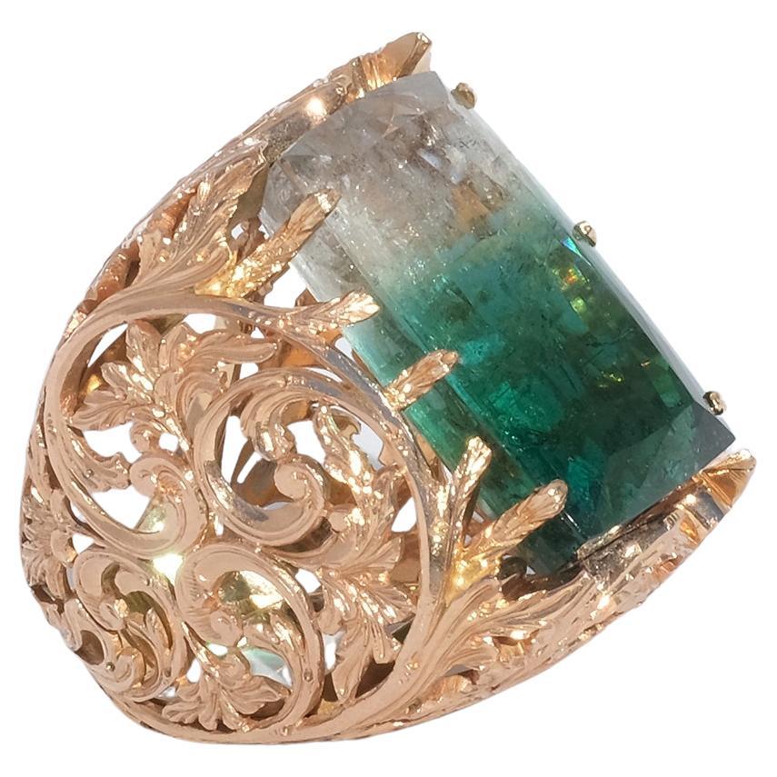 Very Large and Amazingly Designed 18k Gold Ring with a Cut Tourmaline For Sale