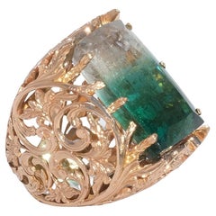Very Large and Amazingly Designed 18k Gold Ring with a Cut Tourmaline