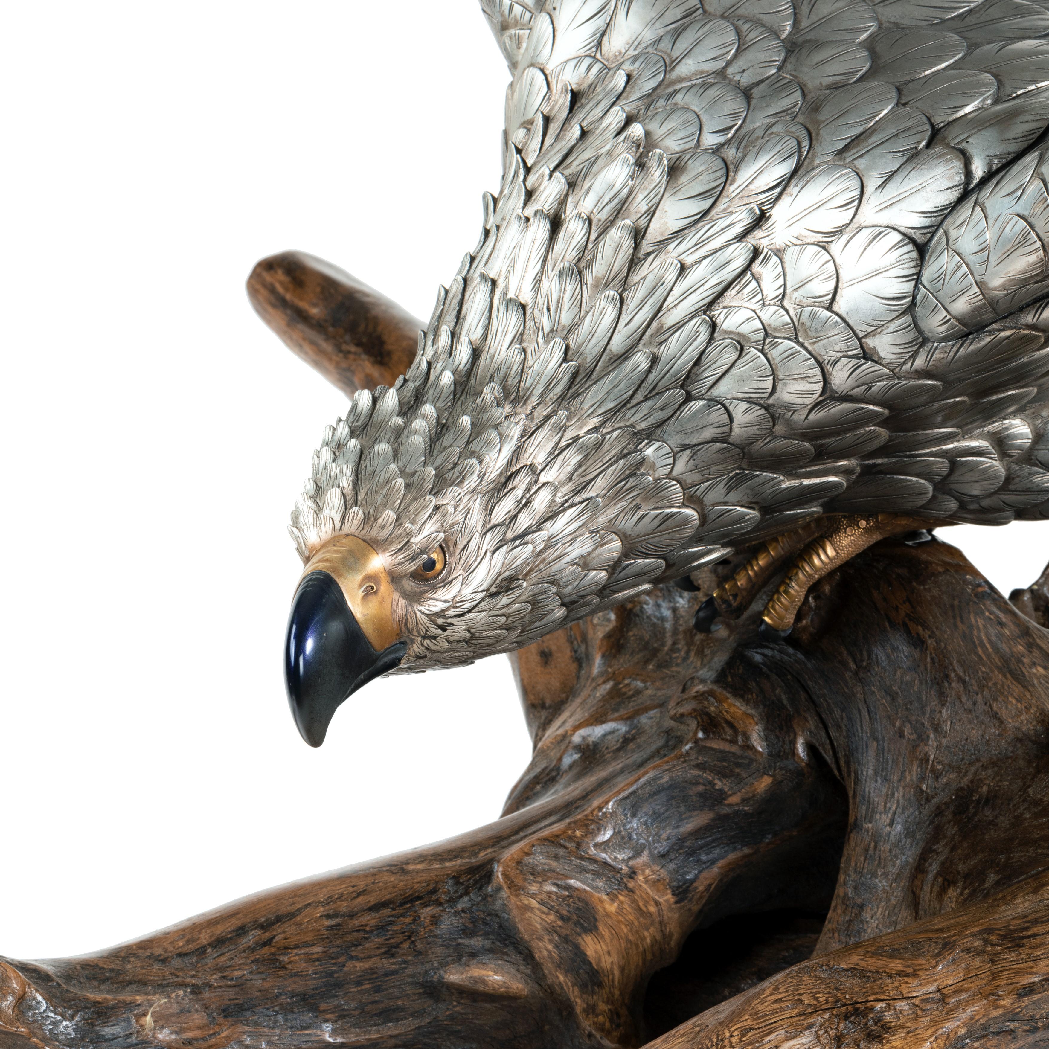 A very large and imposing Meiji period silvered bronze eagle, shown crouched on a rootwood base with the wings raised in the head ducked down and turned slightly to the left, the eyes and talons worked with shakudo and gilt details. Signed on a