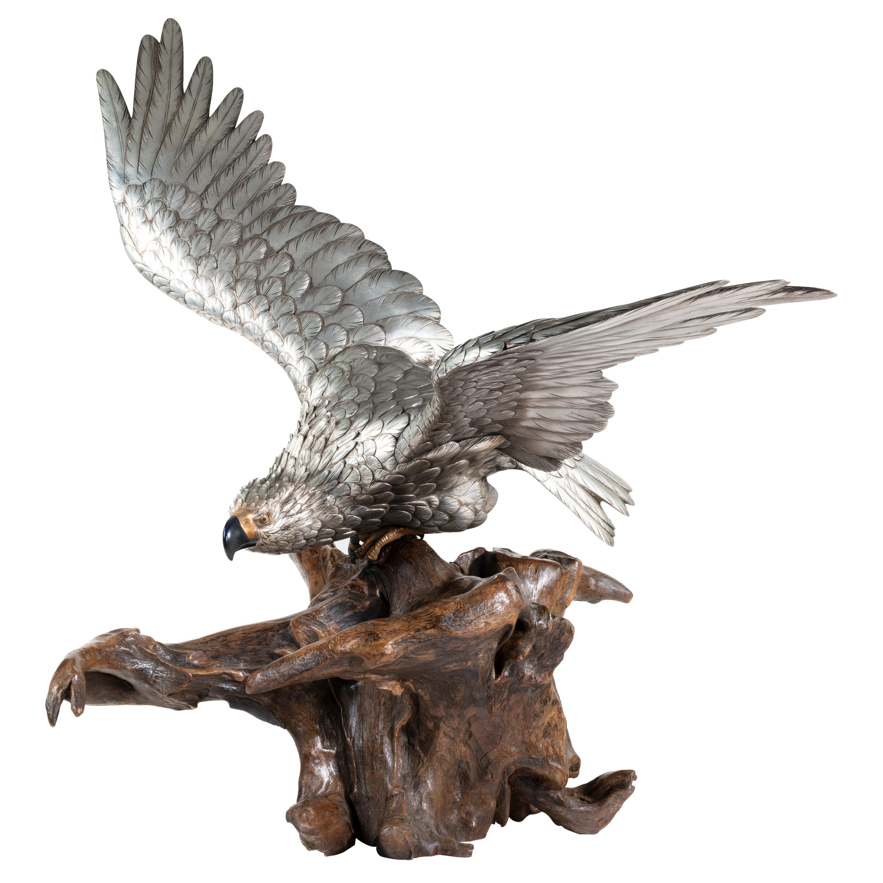 Very Large and Imposing Meiji Period Silvered Bronze Eagle
