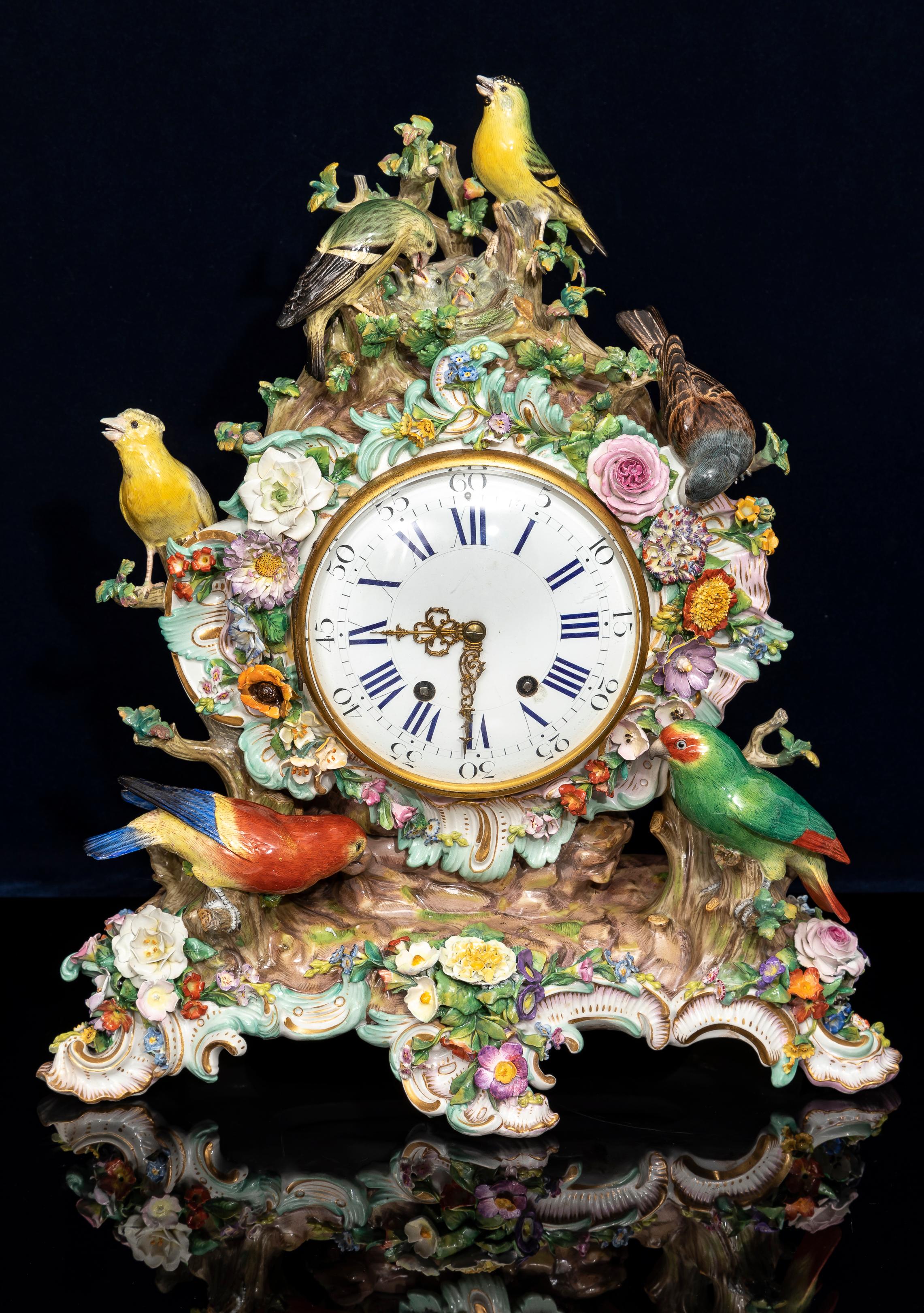 German A Very Large and Impressive 19th Century Meissen Porcelain Bird Clock