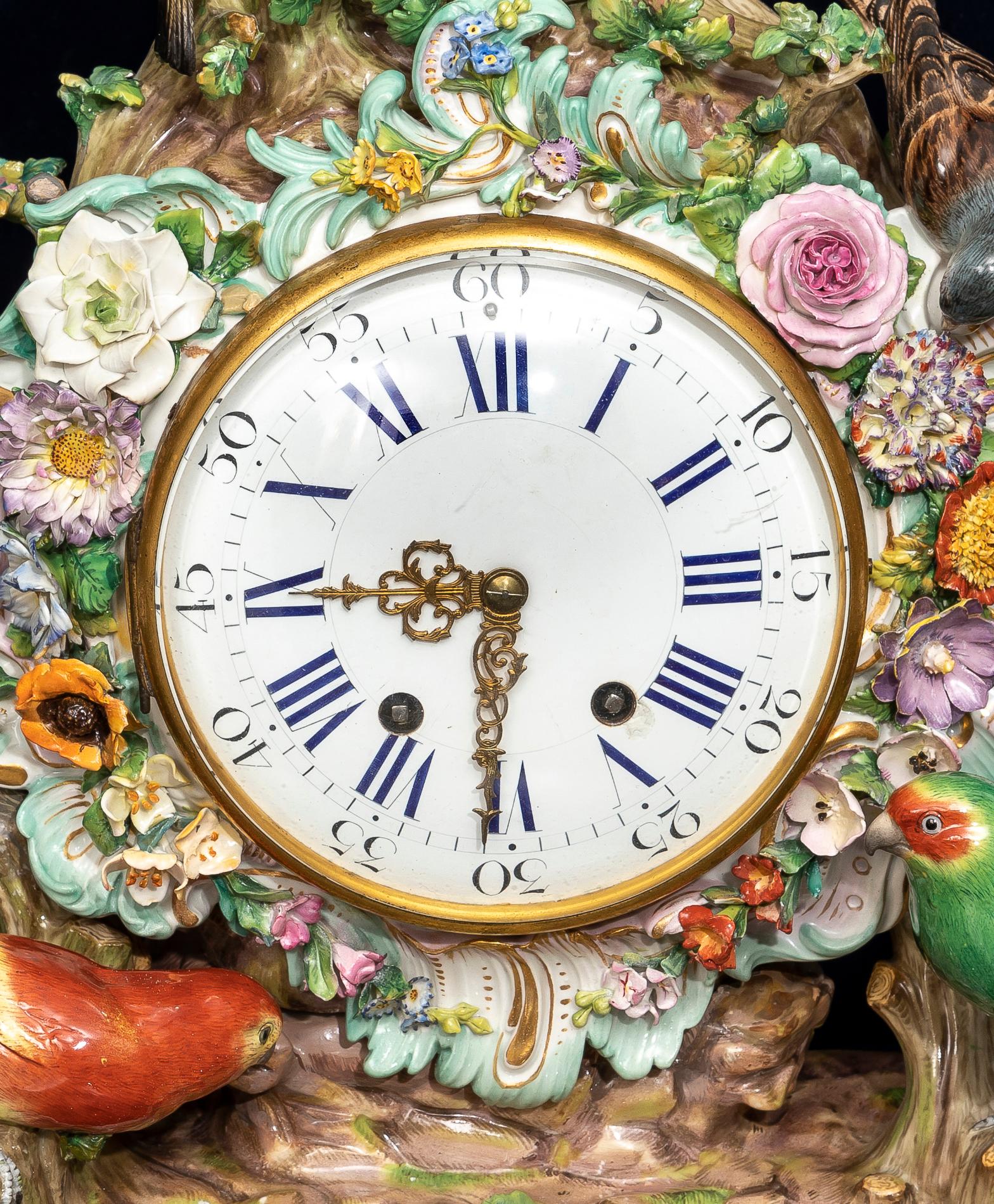 Hand-Carved A Very Large and Impressive 19th Century Meissen Porcelain Bird Clock