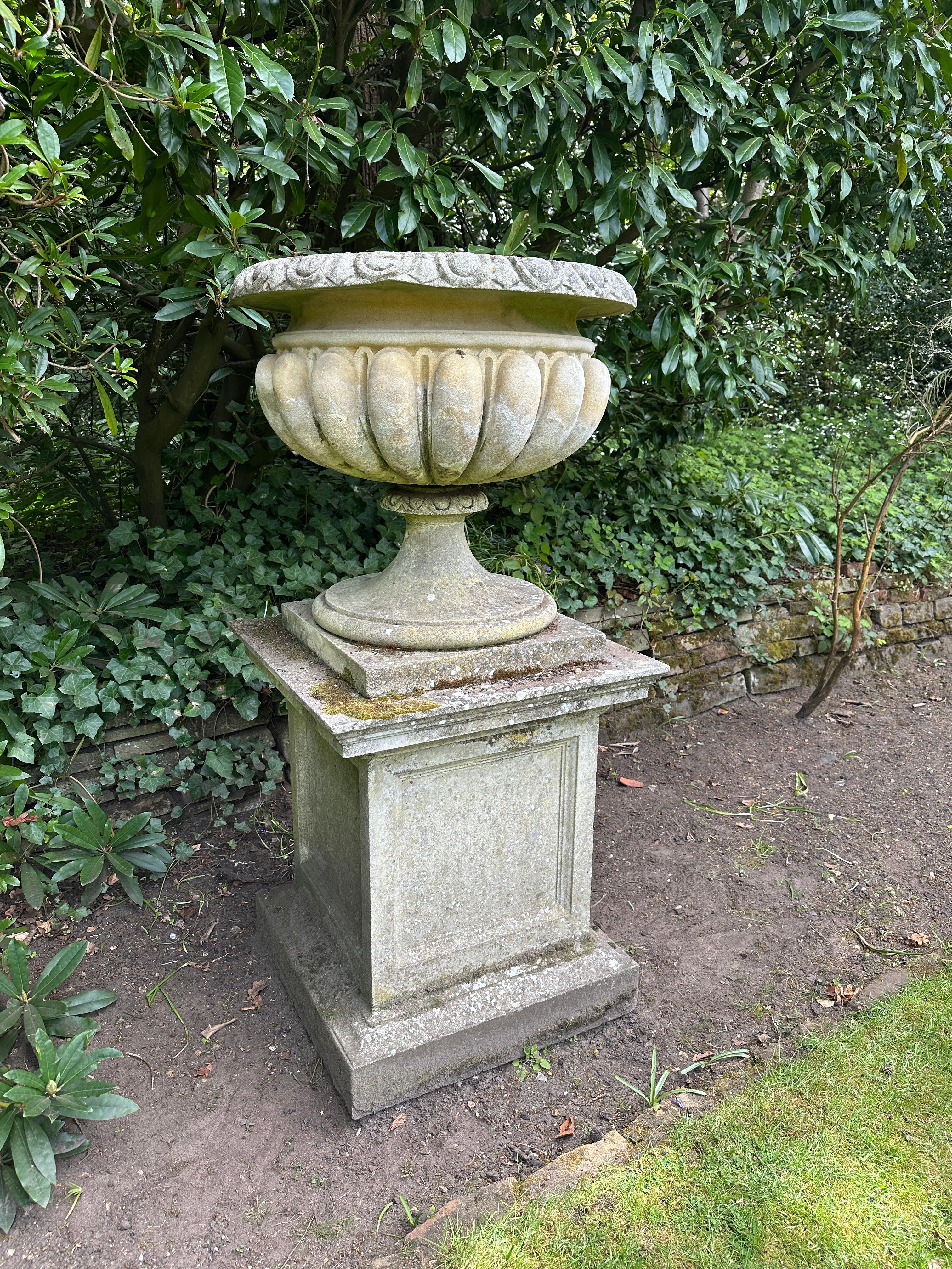 Cast Stone A Very large And Substantial English Stone Urn And Pedestal For Sale