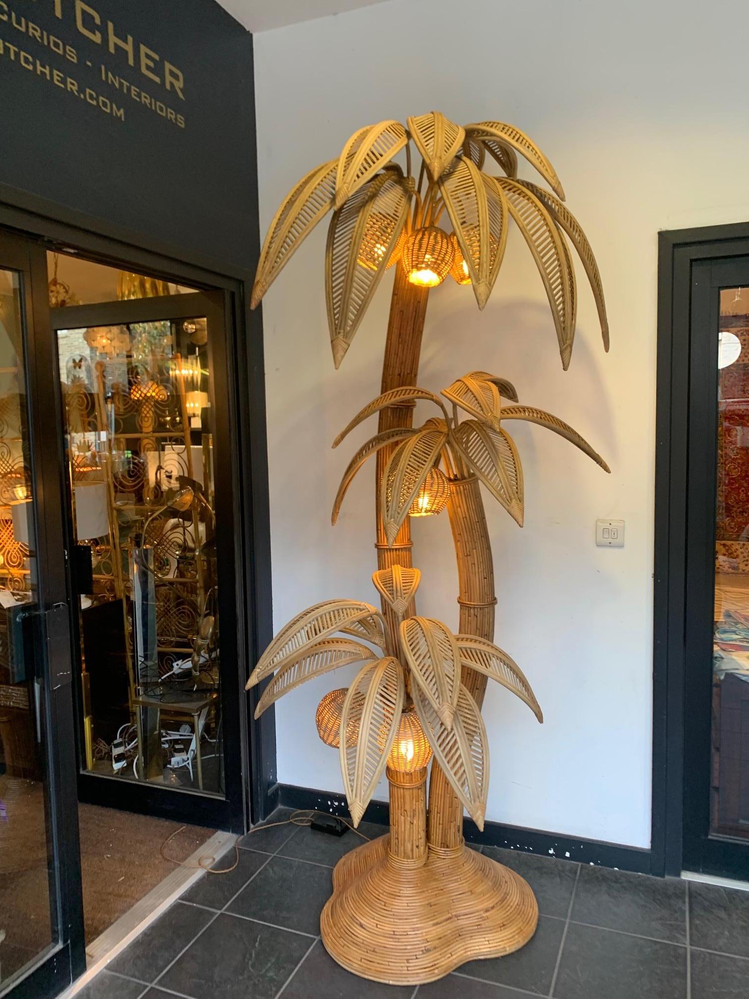 Very Large Bamboo and Rattan Palm Tree Floor Lamp with Seven Coconut Lights For Sale 3