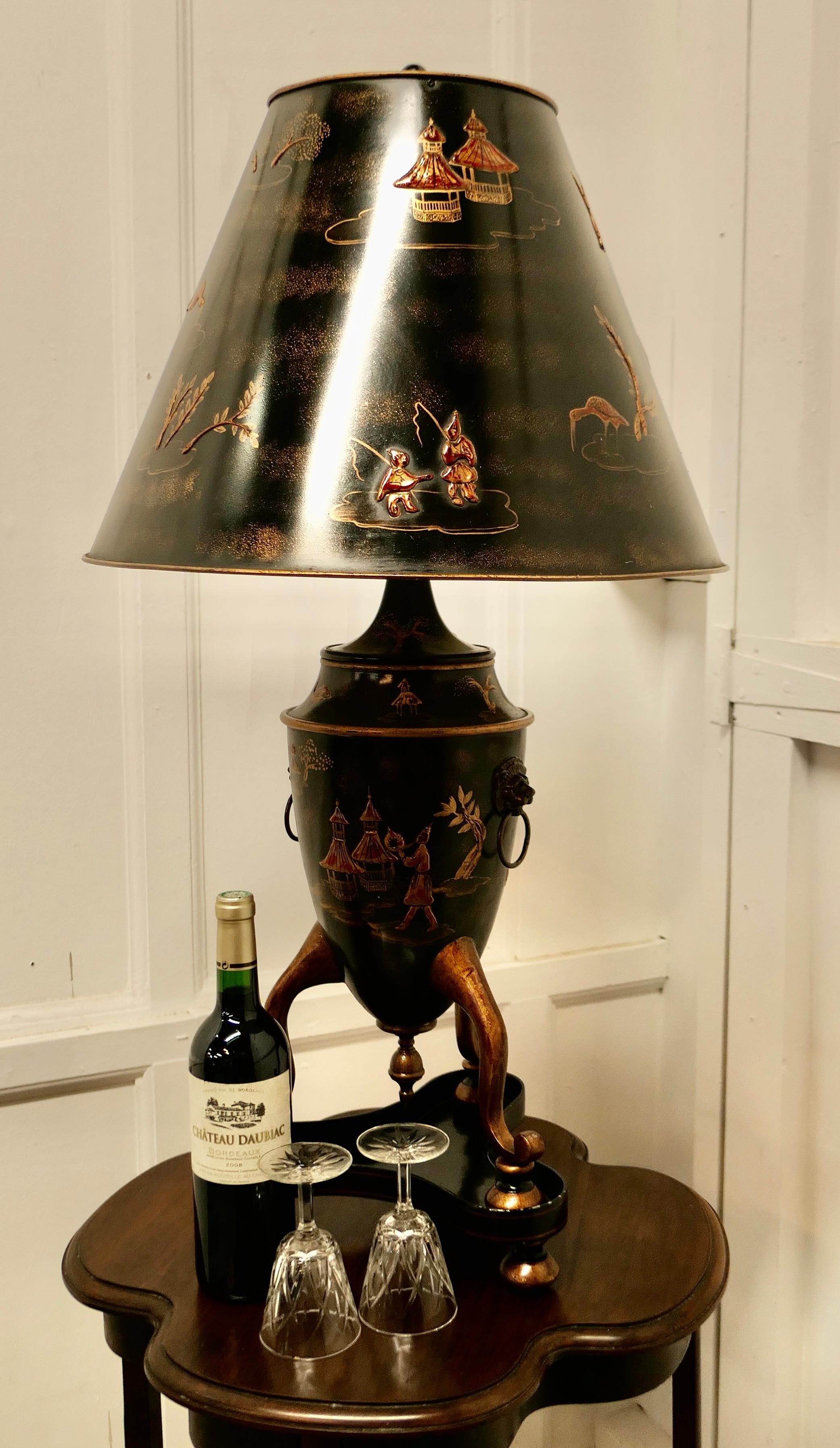 Anglo-Japanese Very Large Black, Gold and Red Chinoiserie Toleware Table Lamp For Sale