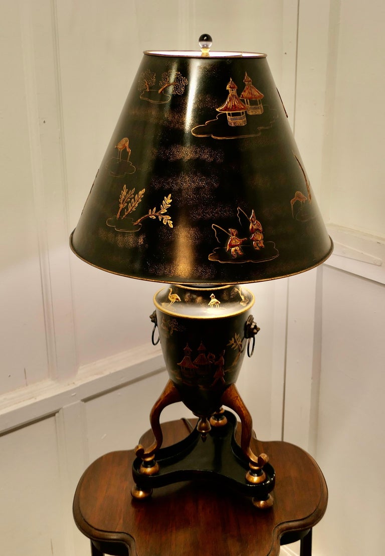Very Large Black, Gold and Red Chinoiserie Toleware Table Lamp For Sale