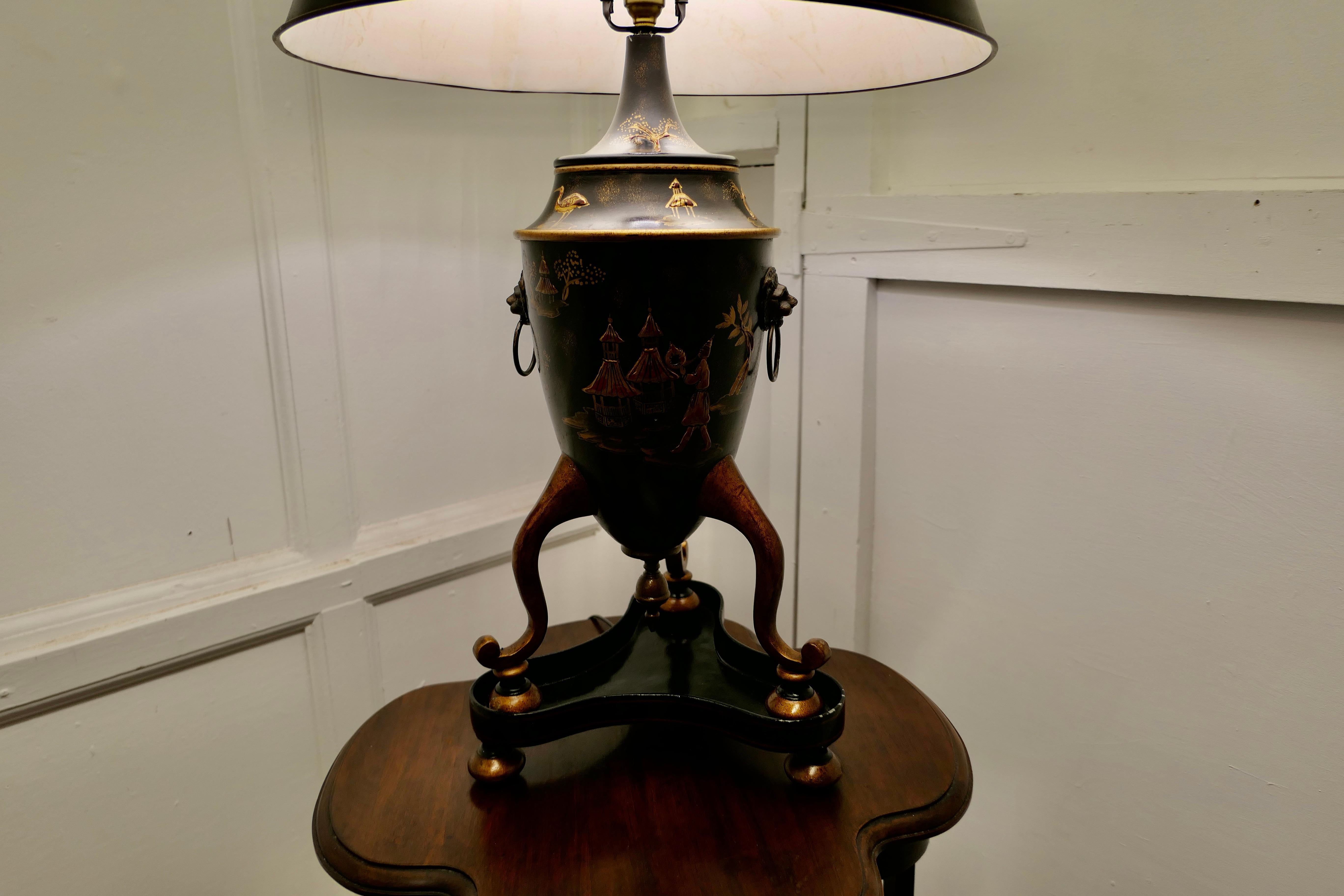 Tin Very Large Black, Gold and Red Chinoiserie Toleware Table Lamp For Sale