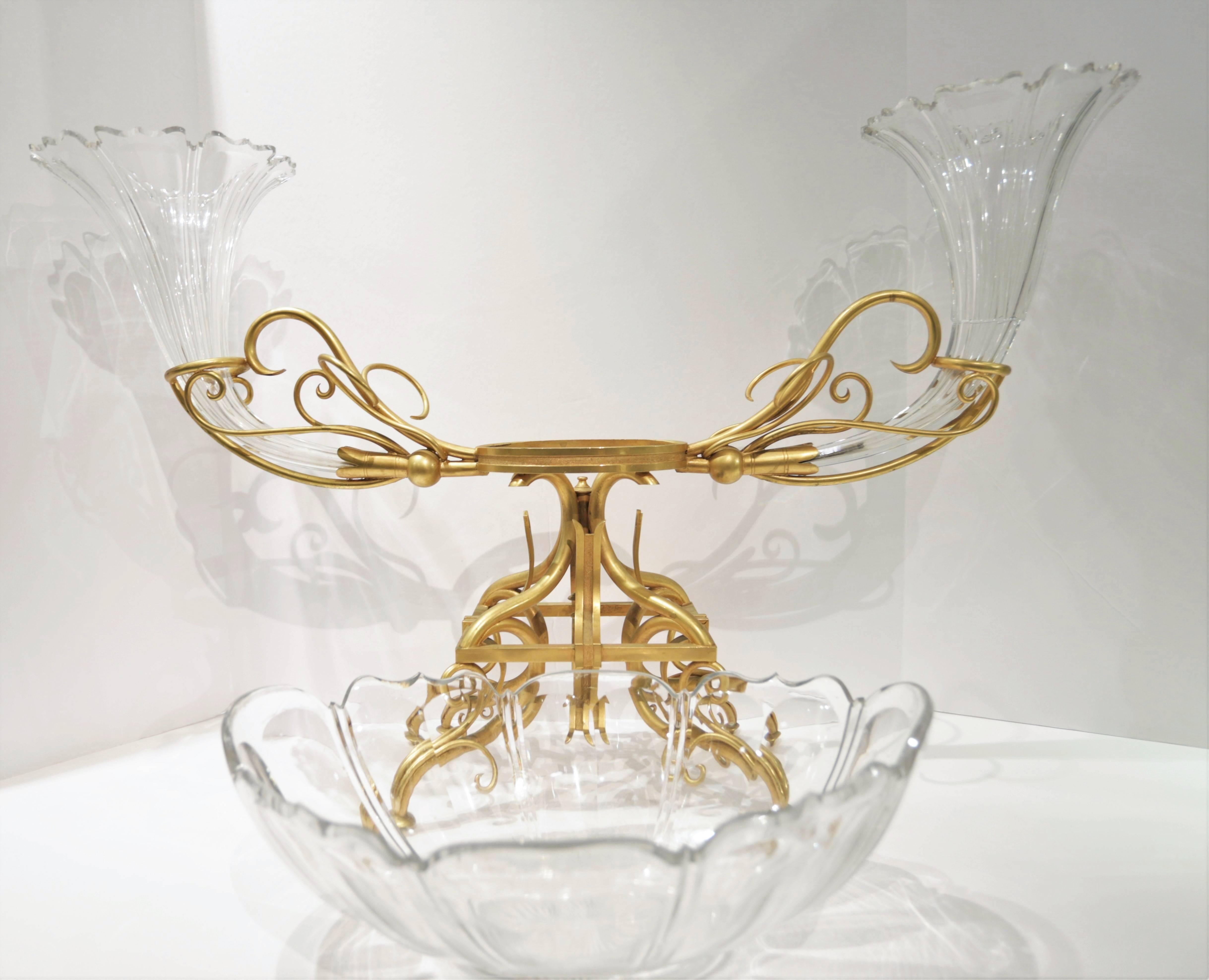 French Very Large Bronze and Crystal Centerpiece Attributed to Baccarat