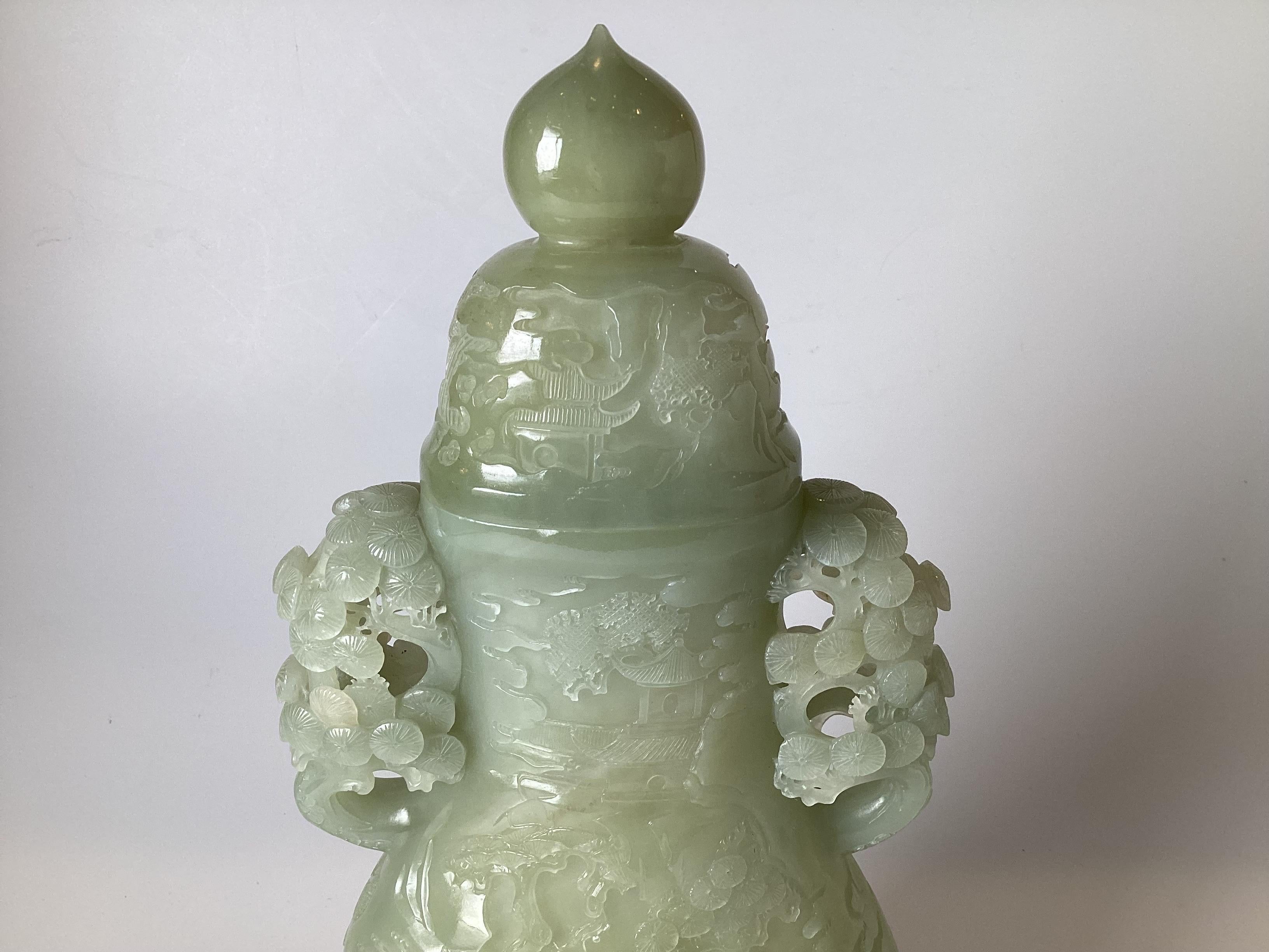 Chinese Export A Very Large Carved Caledon Jade Covered Urn