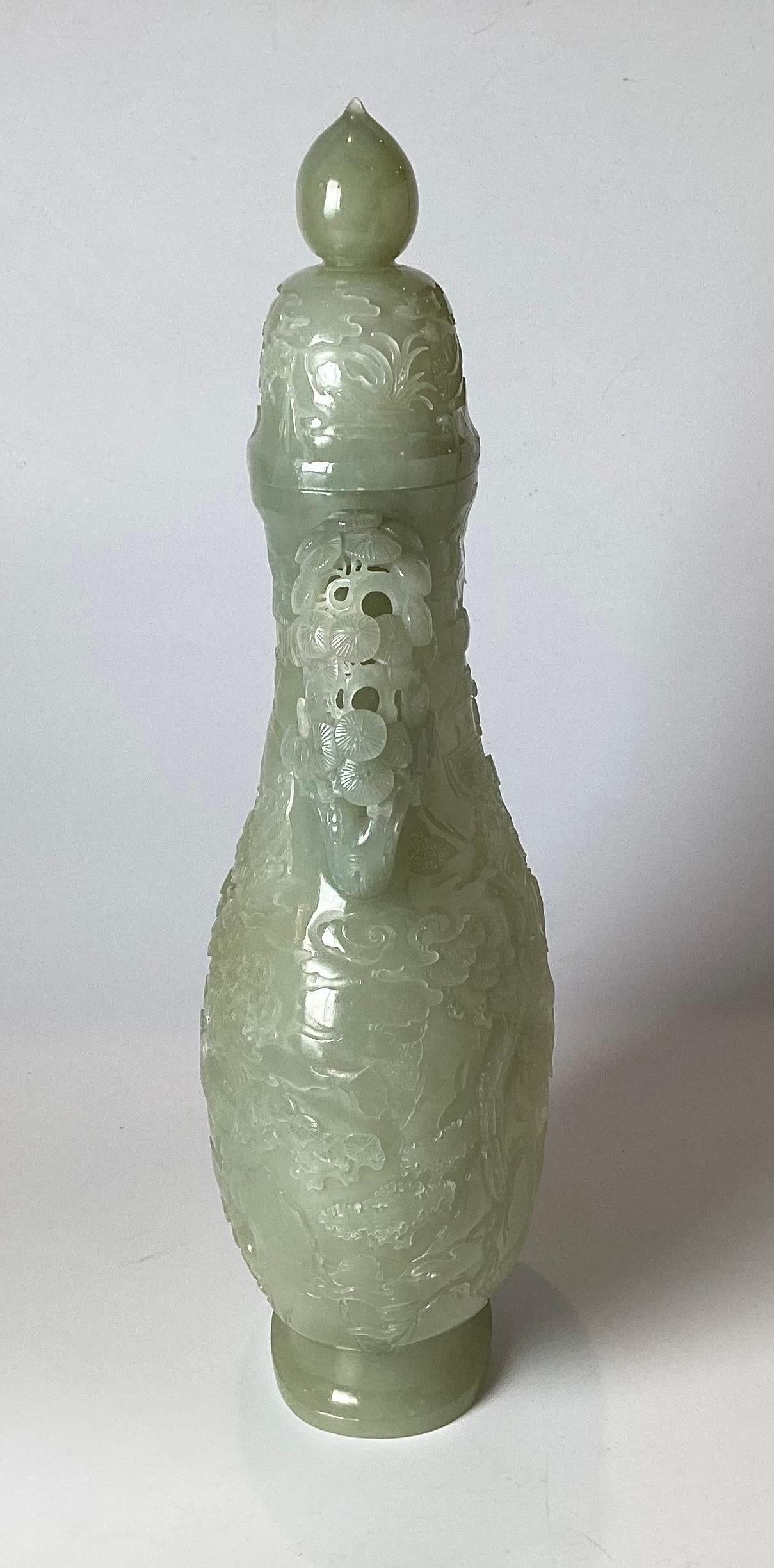 Chinese A Very Large Carved Caledon Jade Covered Urn