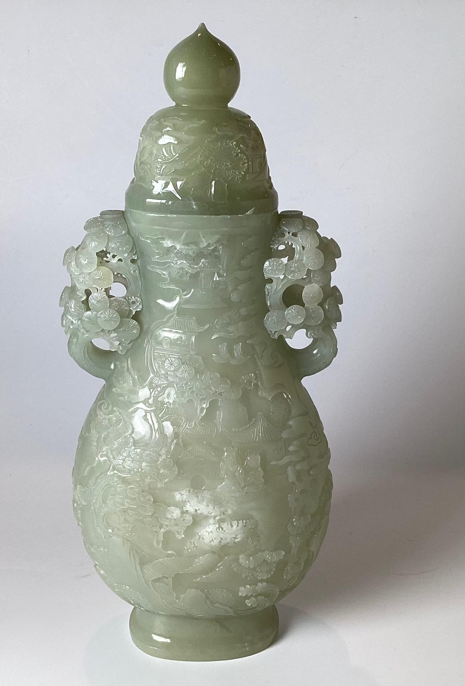 A Very Large Carved Caledon Jade Covered Urn In Excellent Condition In Lambertville, NJ