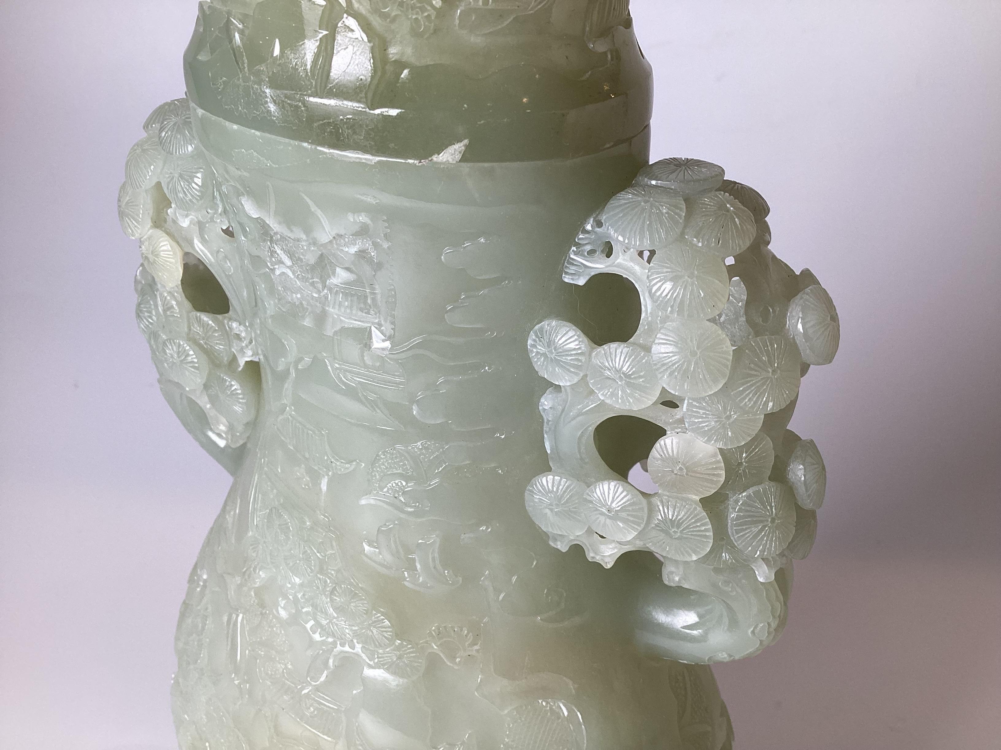 A Very Large Carved Caledon Jade Covered Urn 1