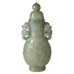 A Very Large Carved Caledon Jade Covered Urn