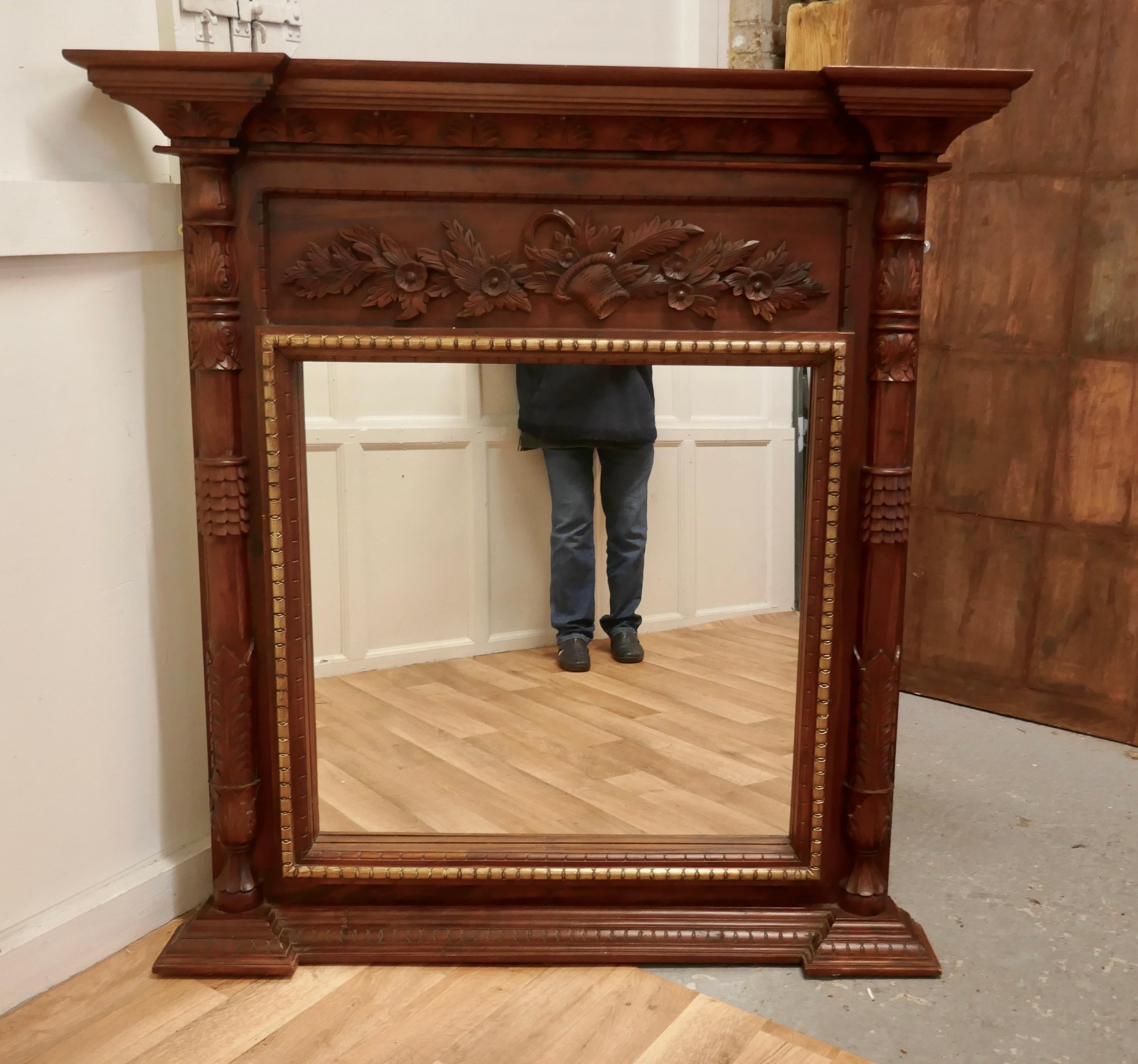 Very Large Carved Fruitwood Overmantel or Wall Mirror For Sale 2