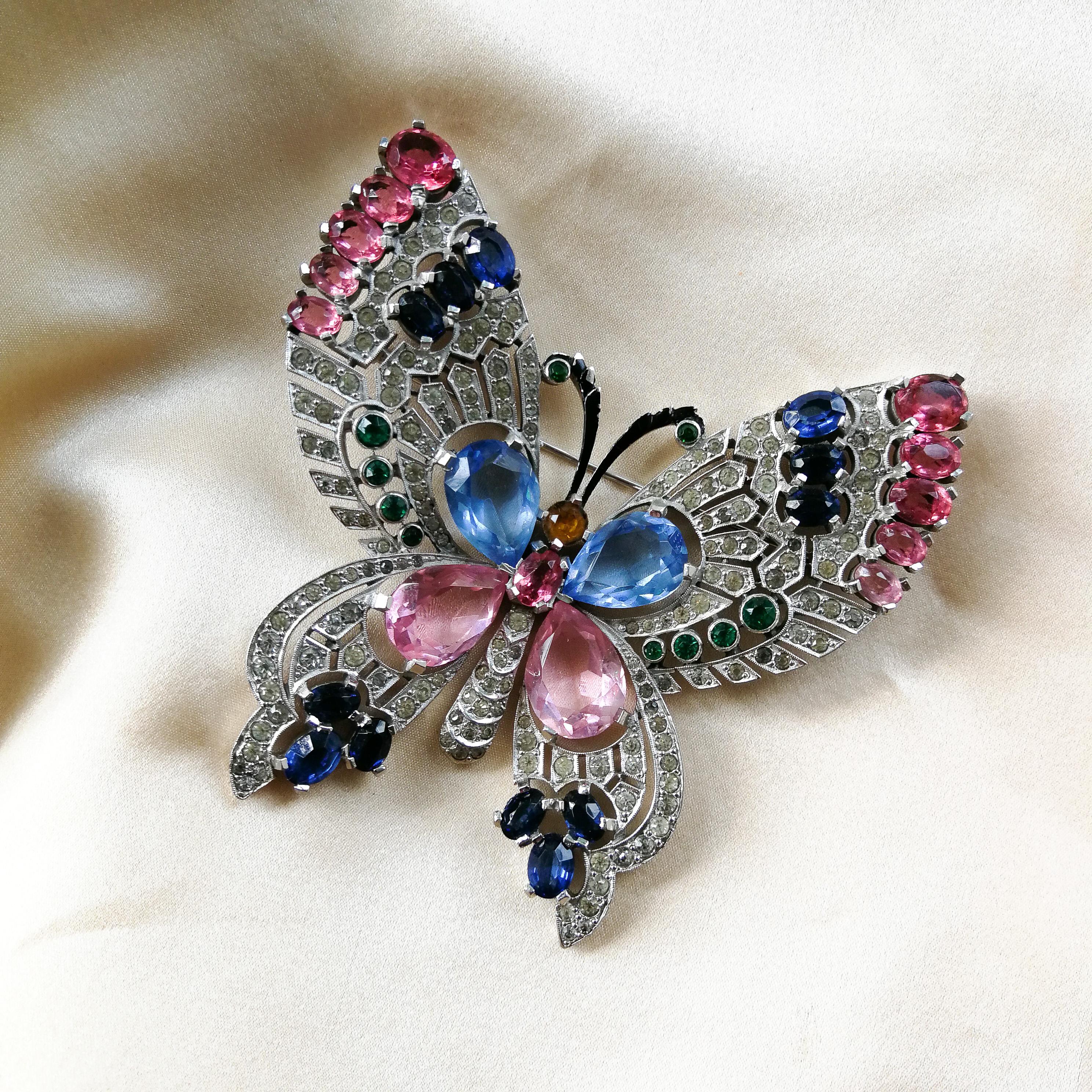 A very large clear and coloured paste 'butterfly' brooch, Mazer, USA, 1950s In Good Condition In Greyabbey, County Down