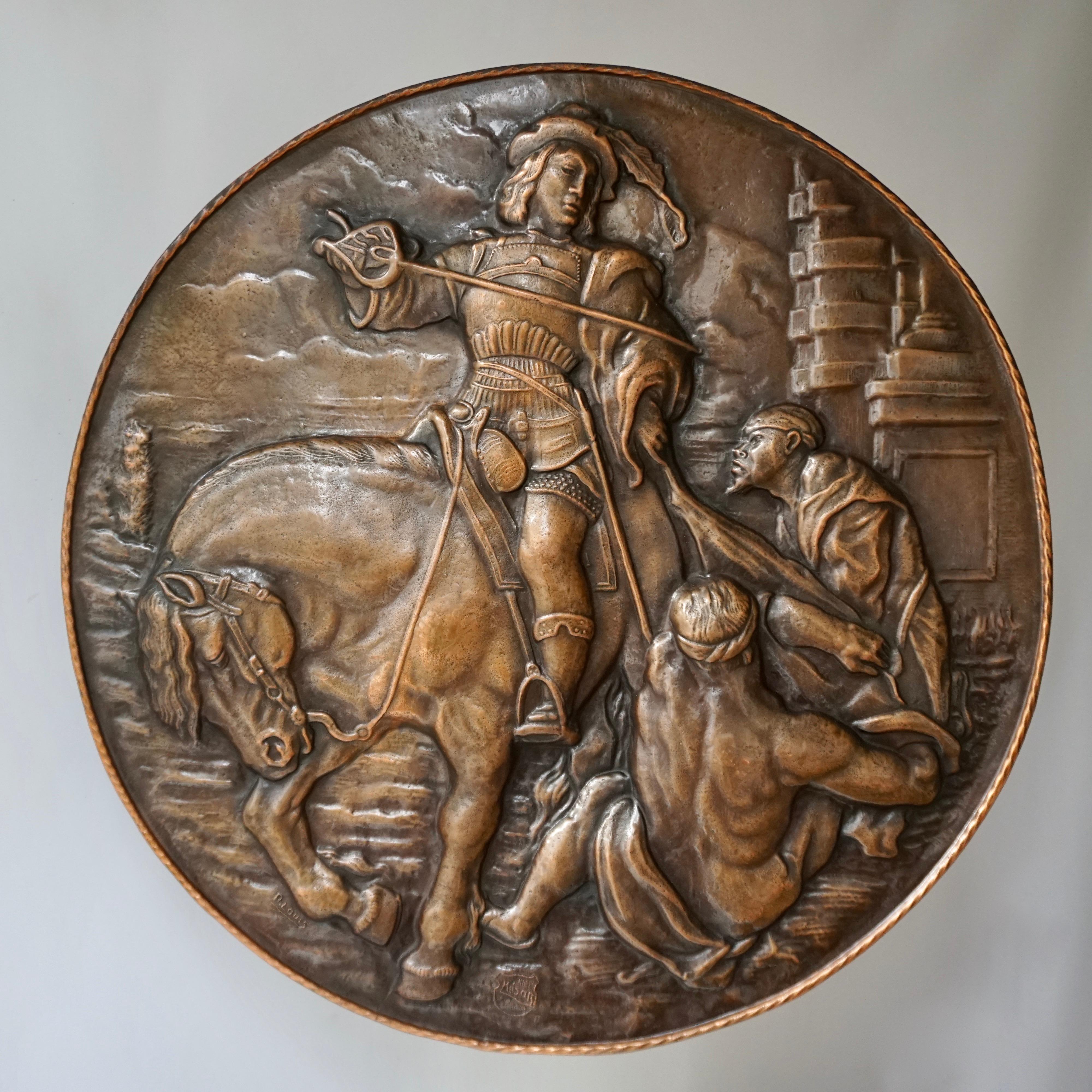 20th Century Very Large Copper Wall Plate Depiction Saint Martin on Horse in Relief For Sale