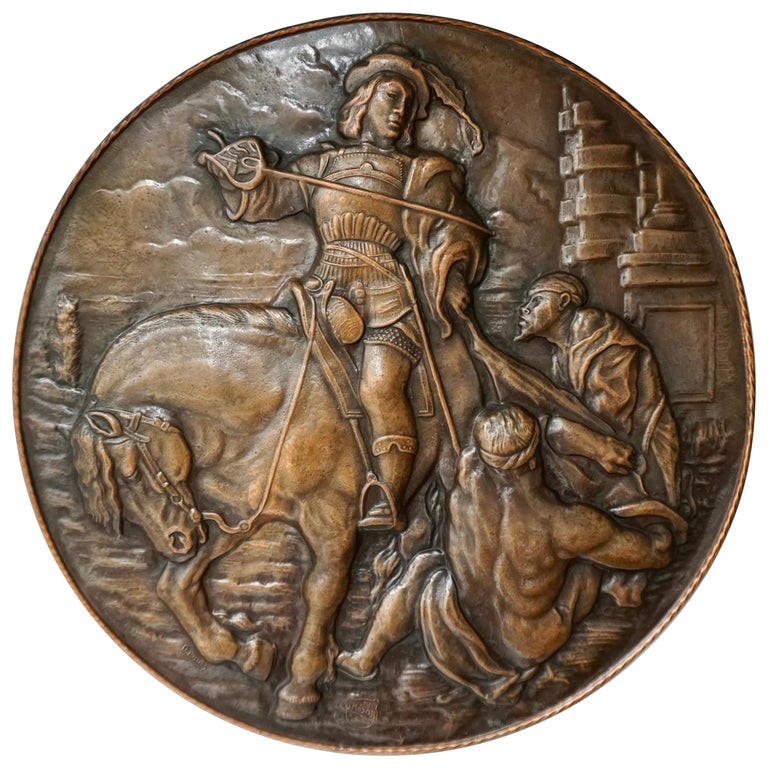 Very Large Copper Wall Plate Depiction Saint Martin on Horse in Relief For Sale