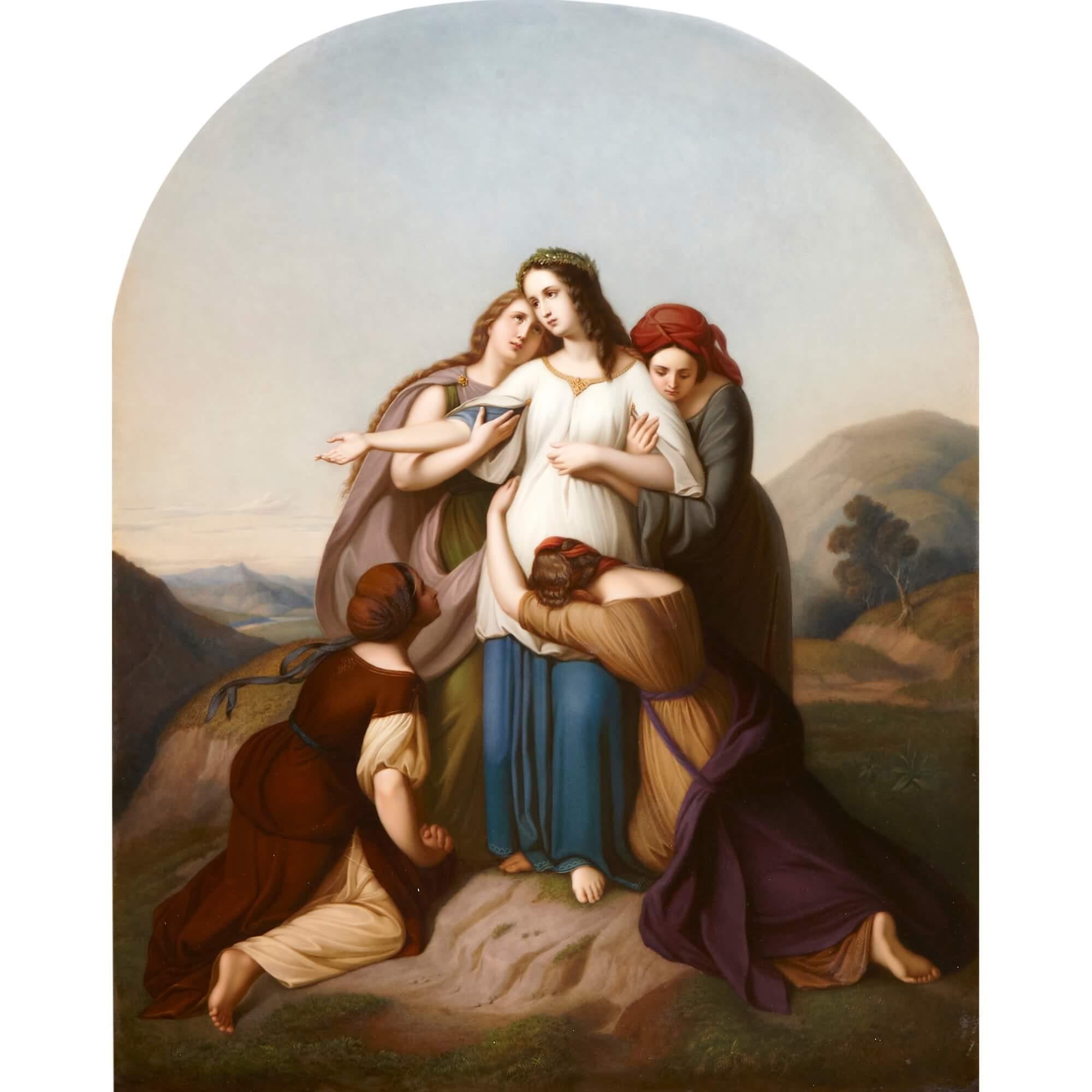 A very large giltwood framed K.P.M. porcelain plaque of Jephthah's daughter
German, late 19th century
Frame: height 97cm, width 84cm, depth 8cm
Plaque: height 65cm, width 52cm

Dating to circa 1870, this wonderful porcelain plaque by K.P.M.