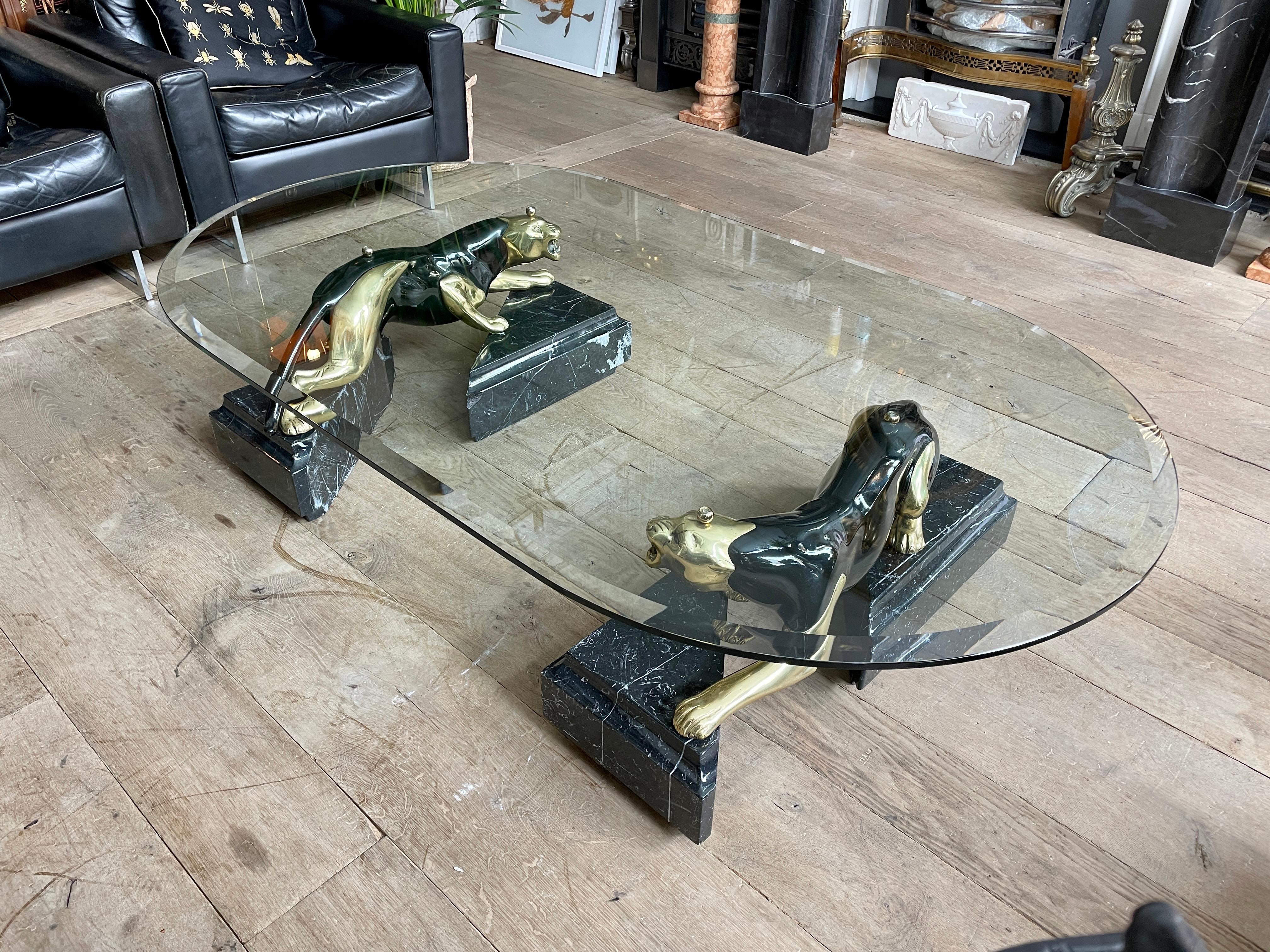Ebonized Very Large Italian Brass and Marble Panther Coffee Table