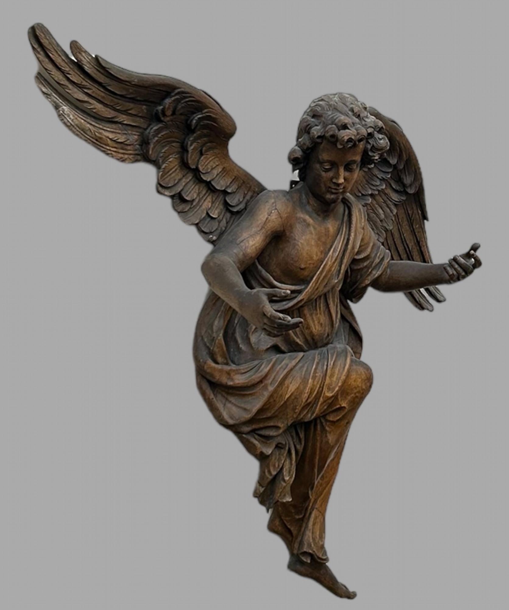 Belgian A Very Large Late 17th Century Flemish Oak Figure of Winged Angel For Sale