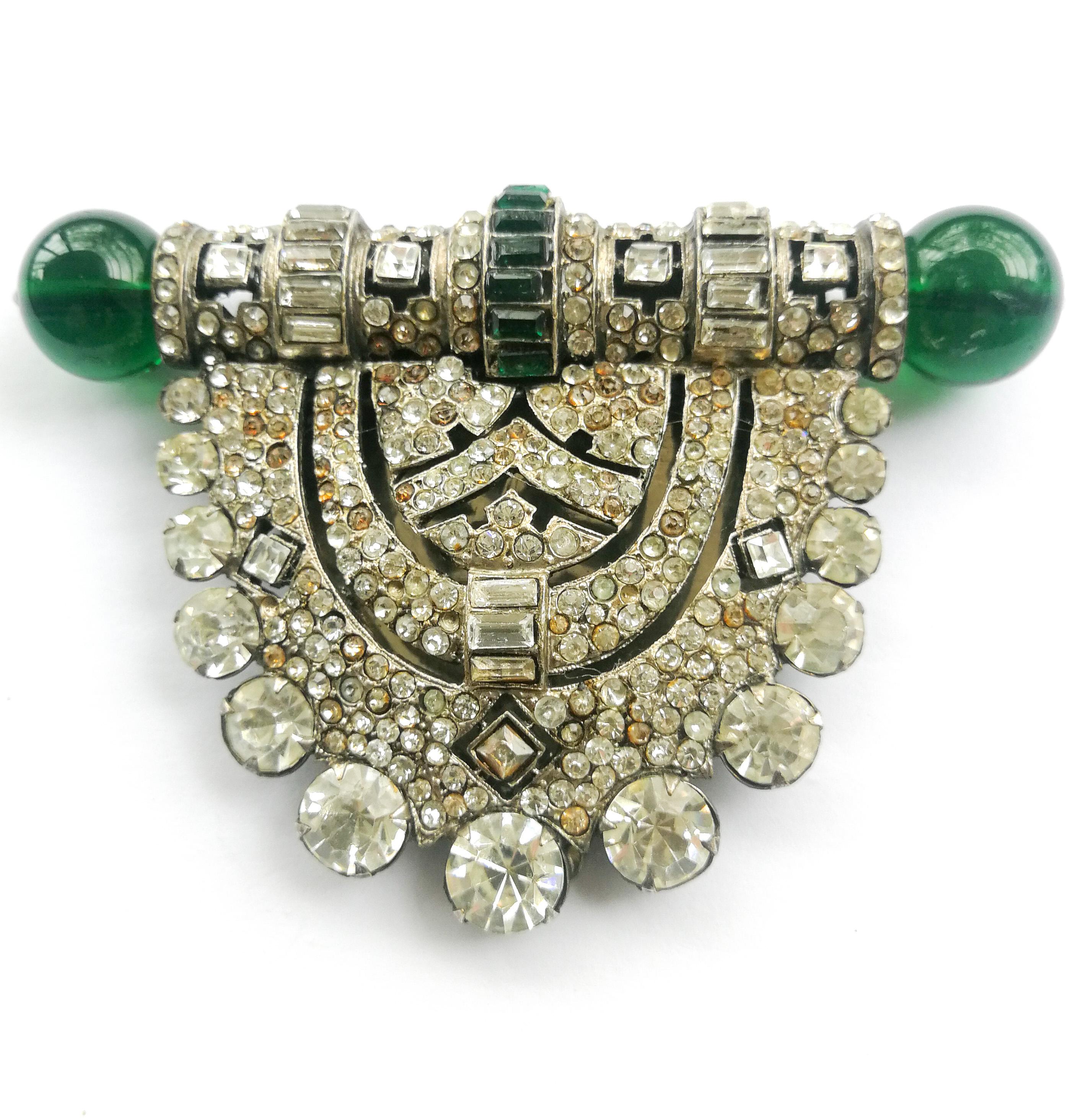 Women's or Men's A very large metal, clear and emerald paste Art Deco clip, Renel, France, 1930s