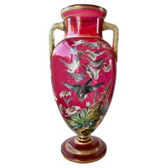 Antique A Very Large Moser, Gilt & Enameled Ruby Red Glass Two Handled Vase, Circa 1900