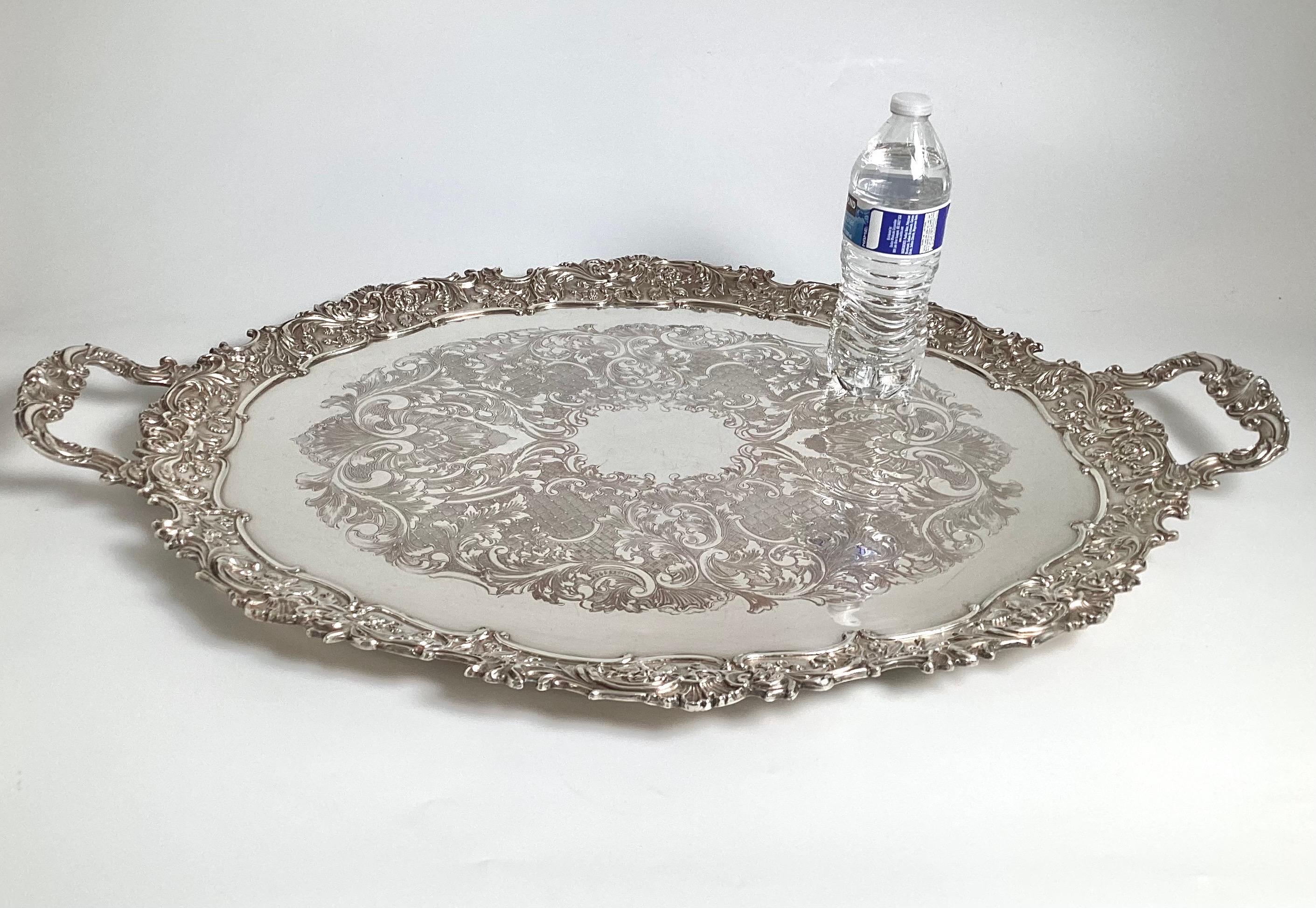 A Very Large Ornate English Banquet Tray in Silver Plate For Sale 7