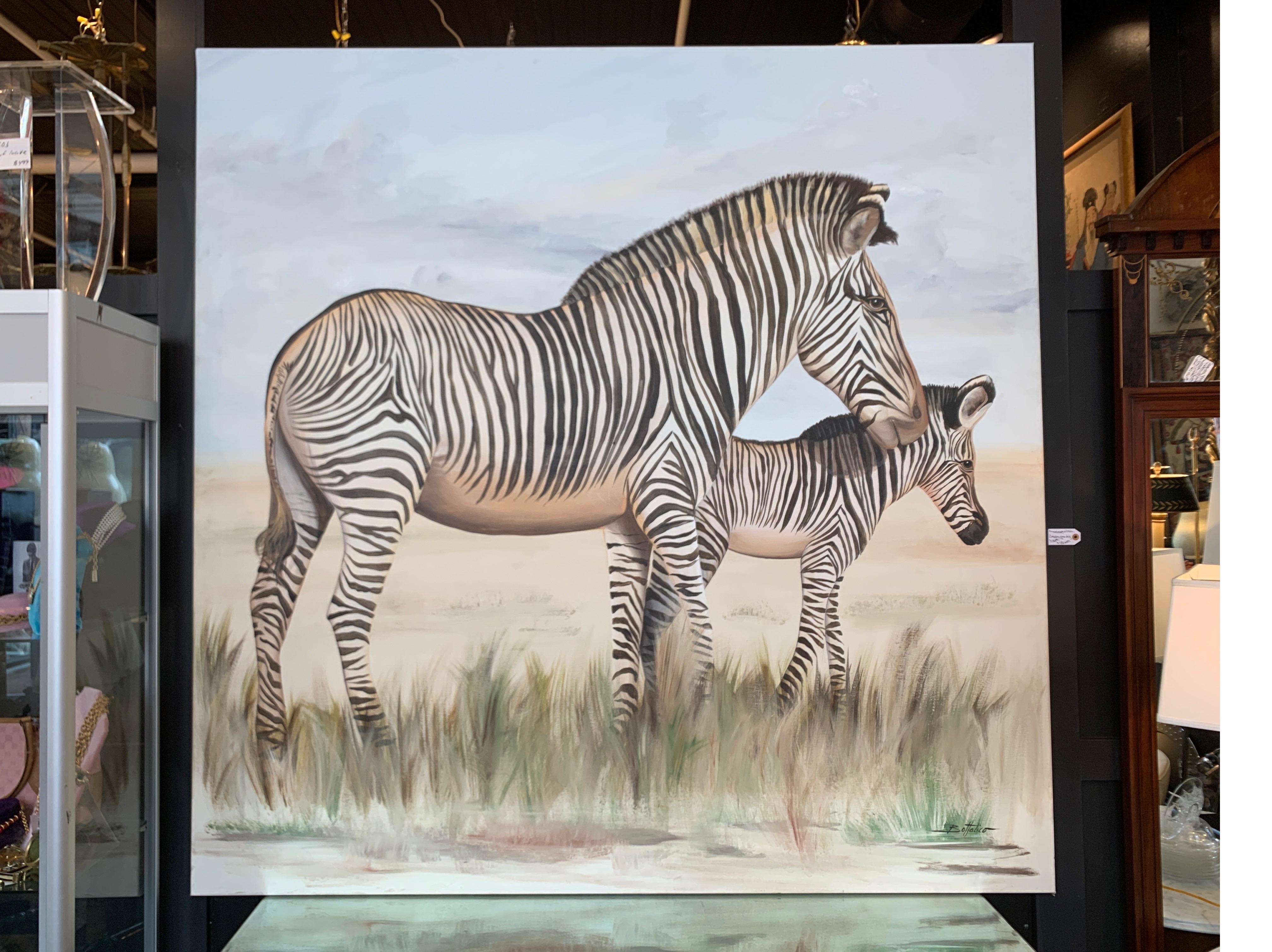 Beautifully painted oil on canvas of two zebra, a mother and her Colt. Very large 72