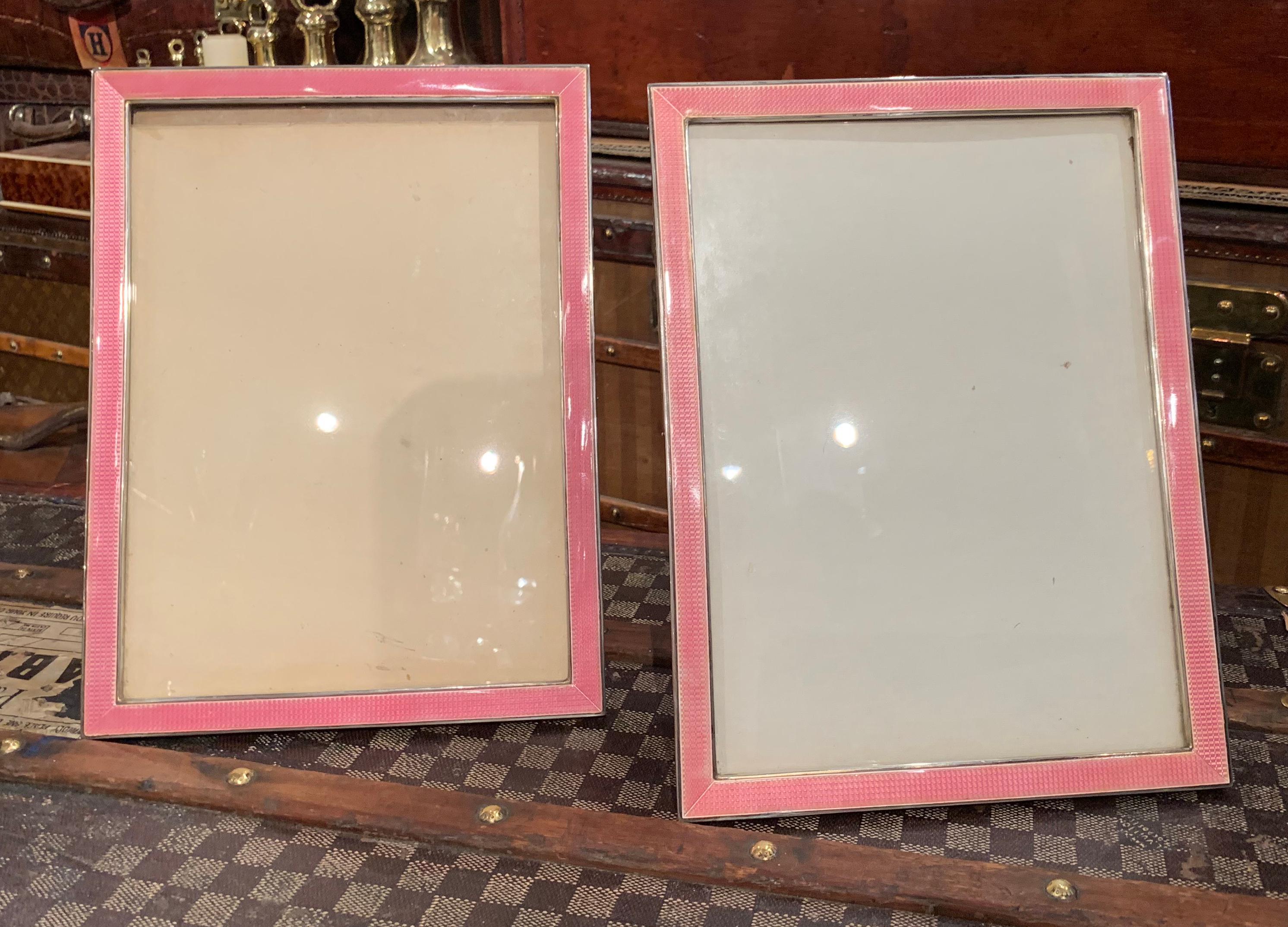 Early 20th Century Very Large Pair of Art Deco Sterling Silver and Enamel Photograph Frames For Sale