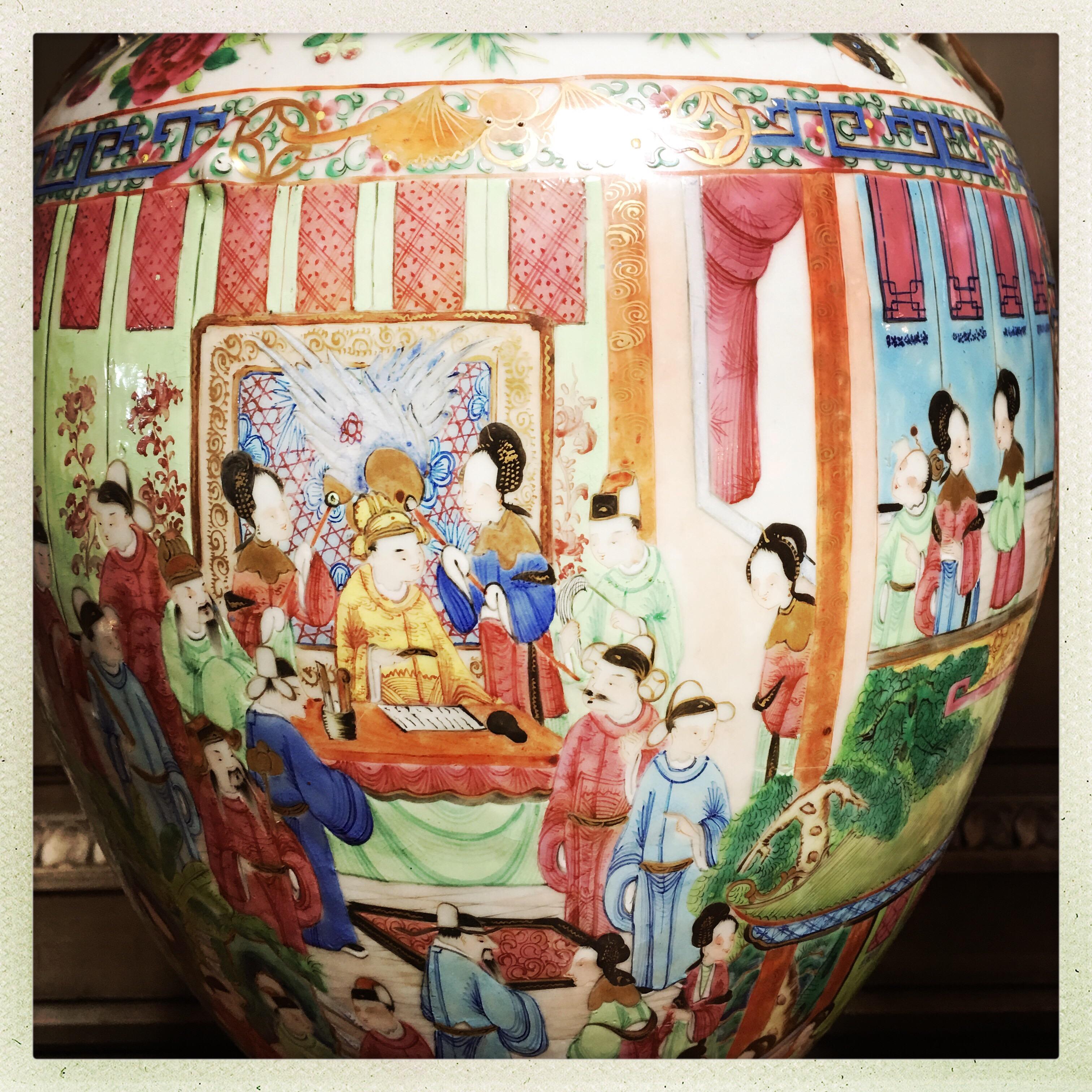 19th Century Very Large Pair of Chinese Porcelain Rose Mandarin Lamp Bases