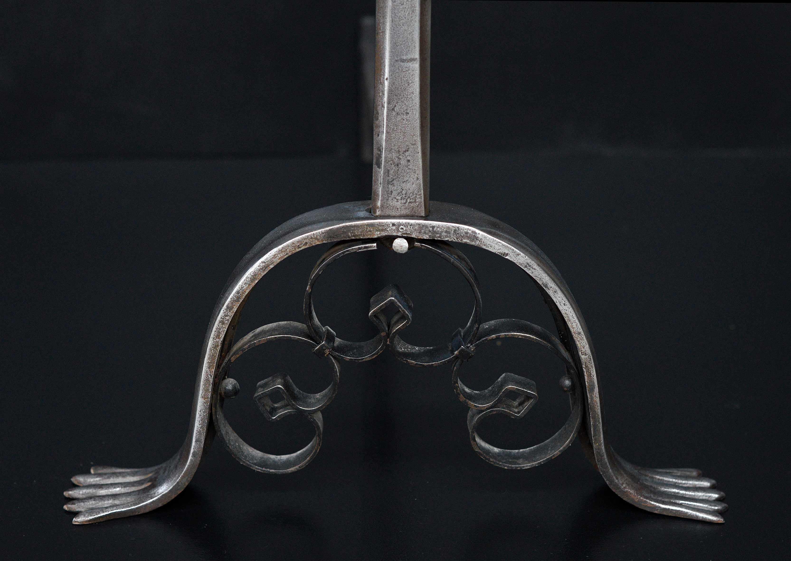 English Very Large Pair of Polished Steel Andirons in the Gothic Manner For Sale