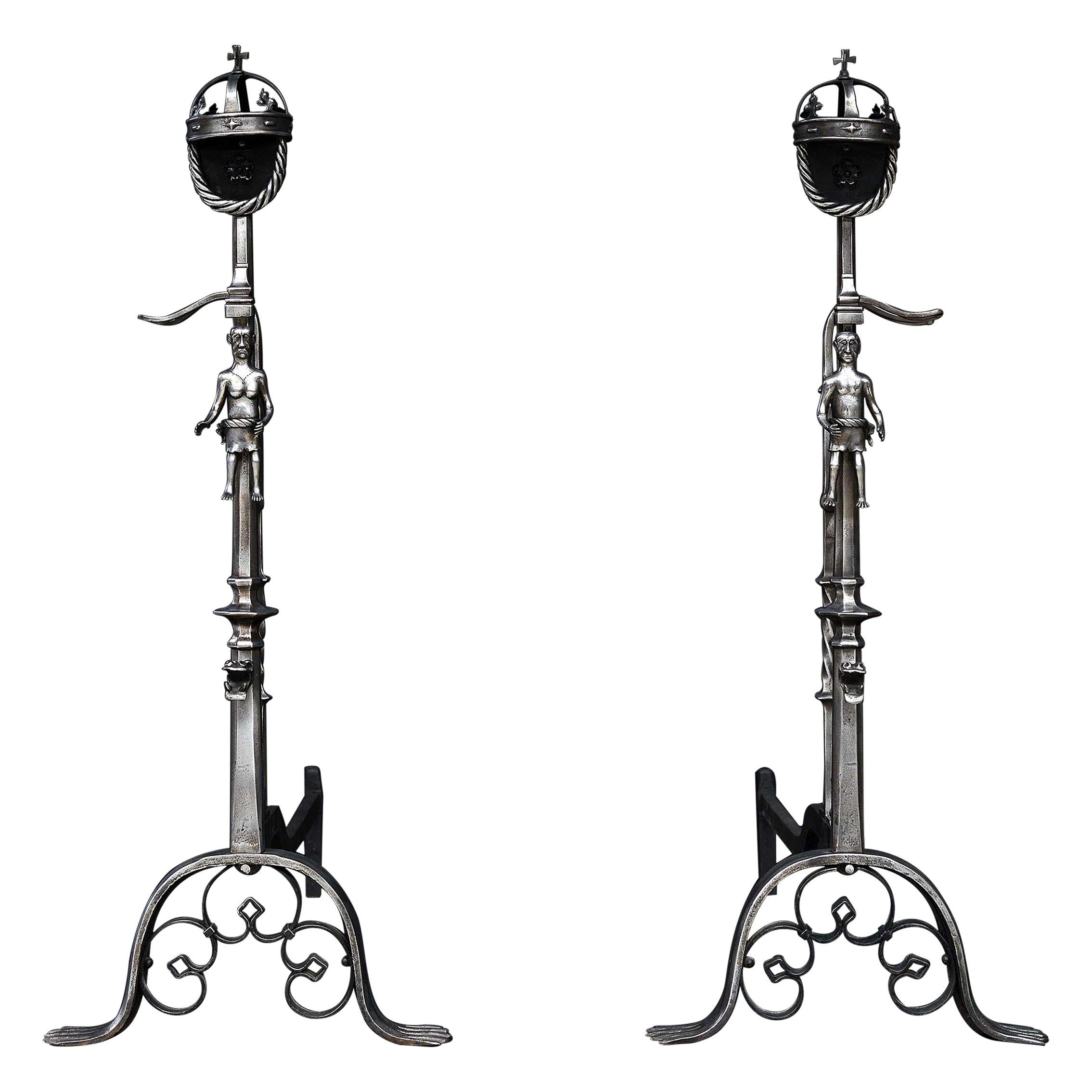 Very Large Pair of Polished Steel Andirons in the Gothic Manner For Sale