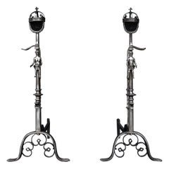 Retro Very Large Pair of Polished Steel Andirons in the Gothic Manner