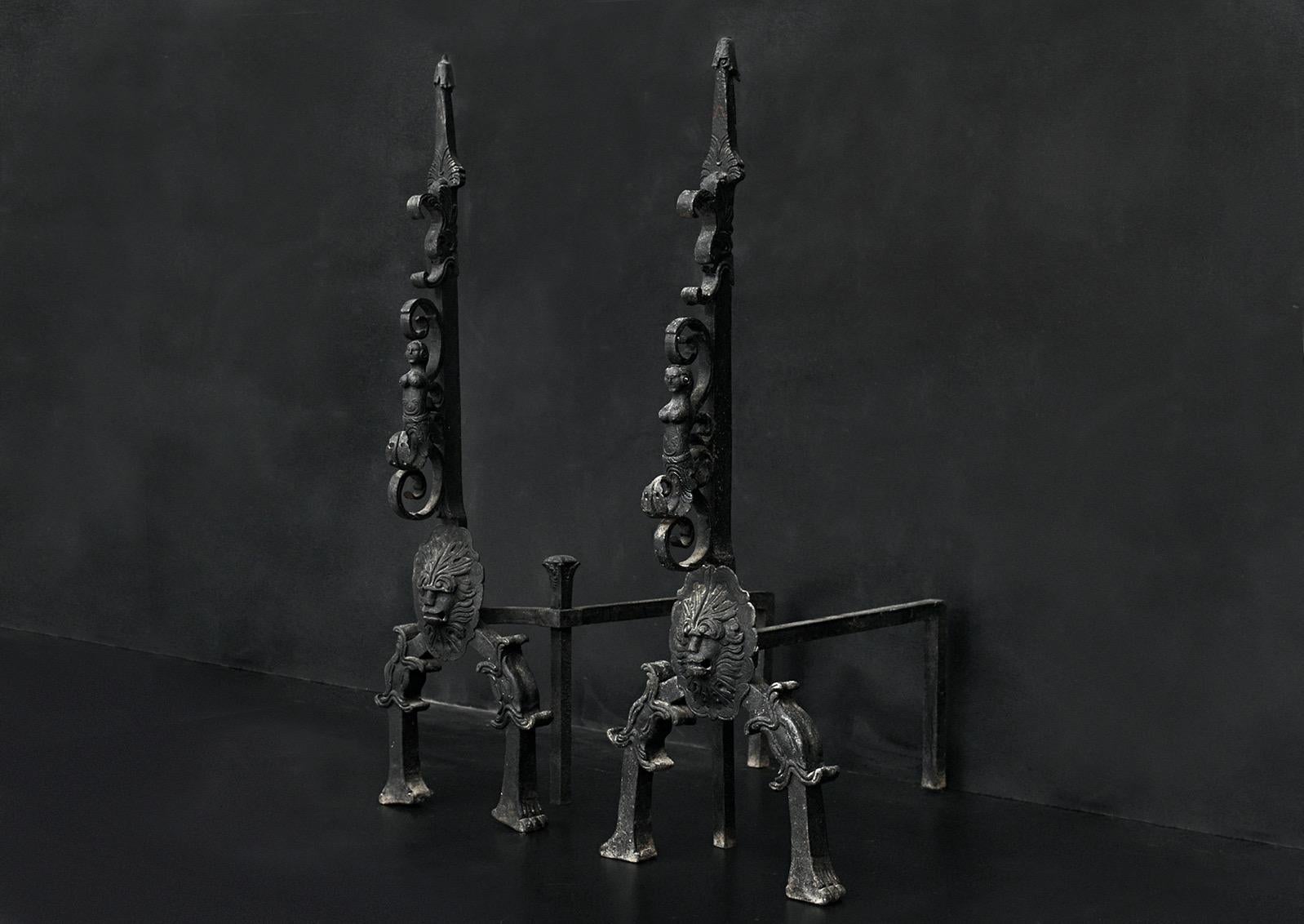 Very Large Pair of Wrought Iron Andirons In Fair Condition For Sale In London, GB