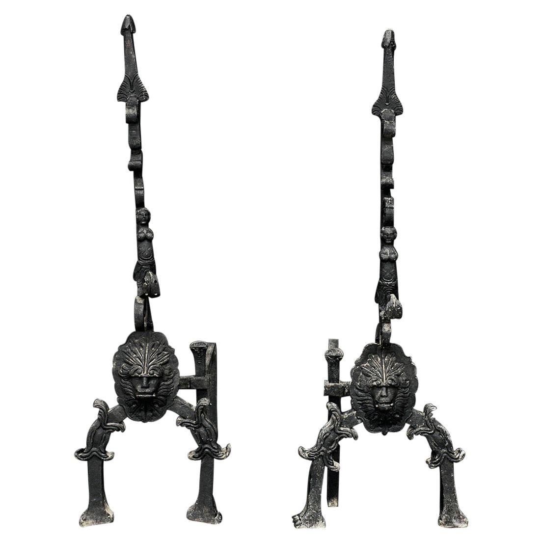 Very Large Pair of Wrought Iron Andirons For Sale