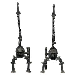 Antique Very Large Pair of Wrought Iron Andirons